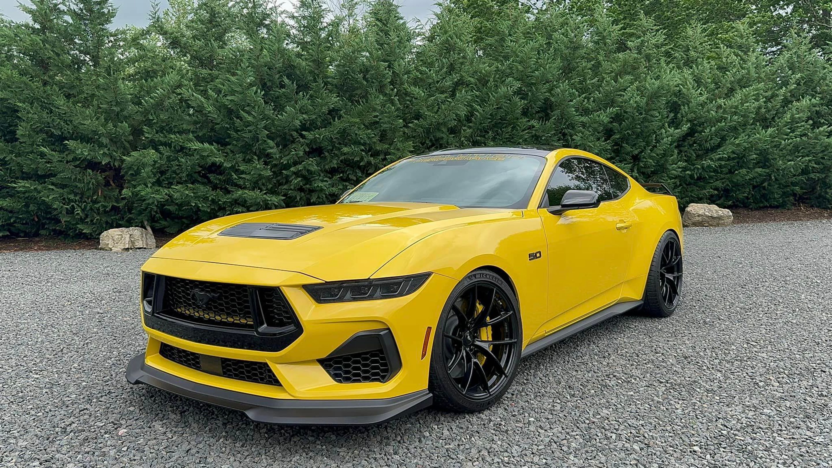 Yellow Ford S650 Mustang GT with 20" VS-5RS Apex wheels in Satin Black