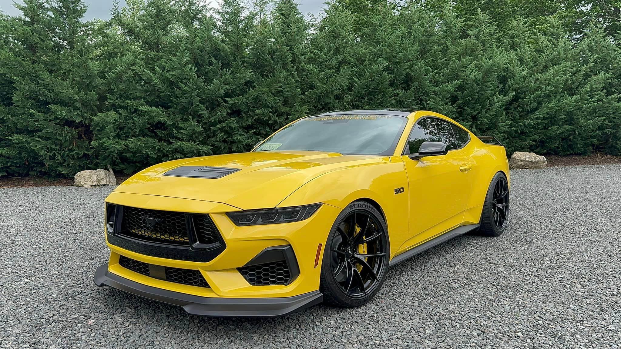 Yellow Ford S650 Mustang GT with 20" VS-5RS Apex wheels in Satin Black