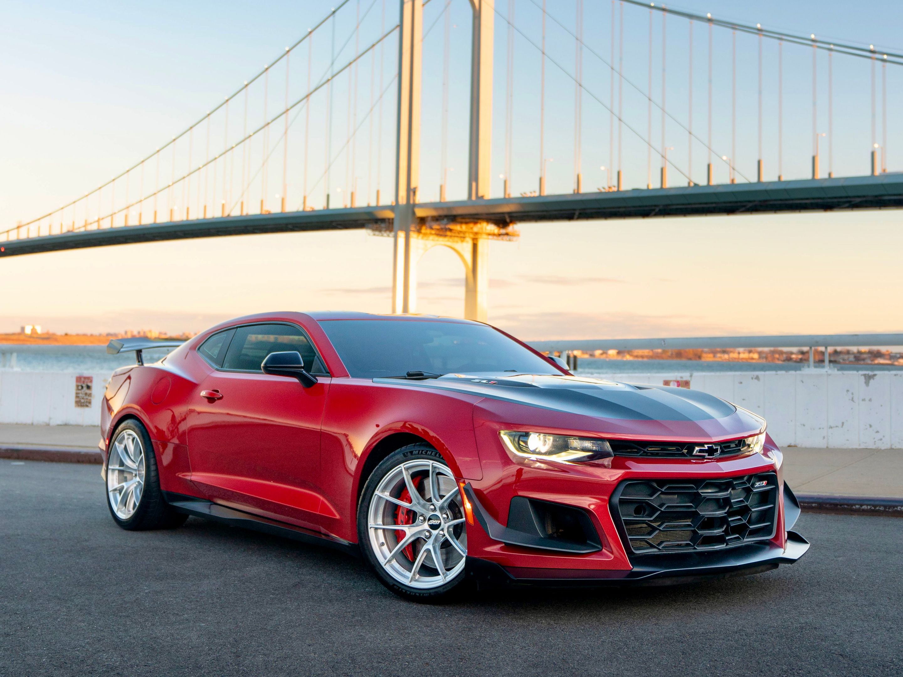 Red Chevrolet 6th Gen Camaro ZL1 1LE with 19" VS-5RS Apex wheels in Brushed Clear