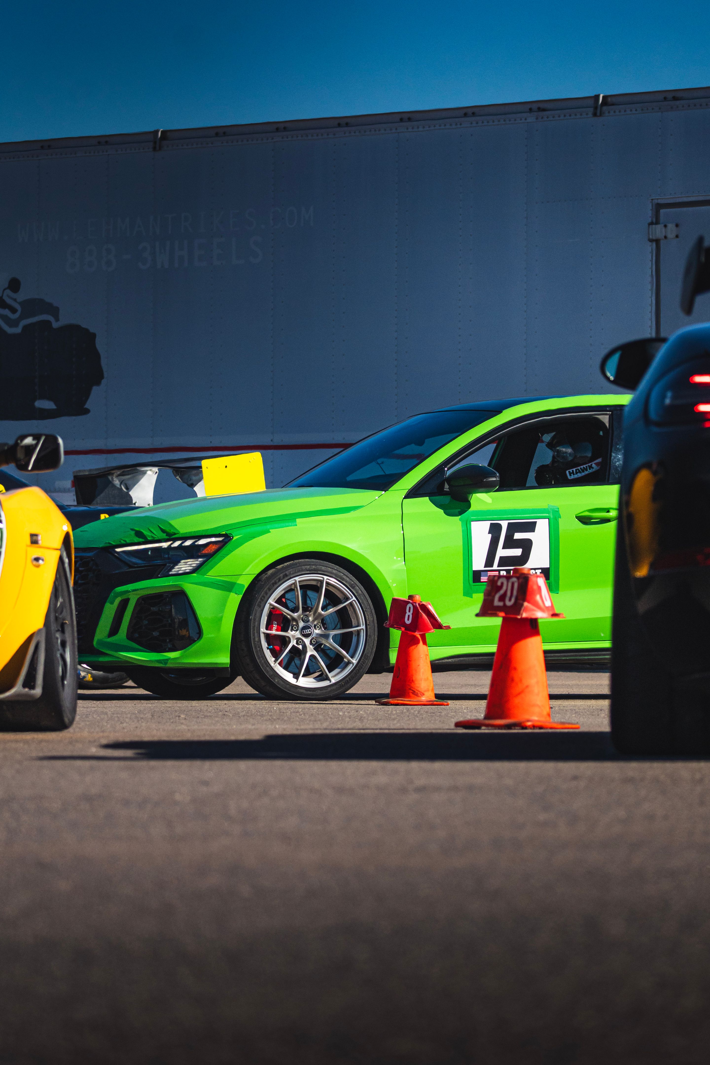 Green Audi 8Y RS 3 with 18" VS-5RS Apex wheels in Brushed Clear