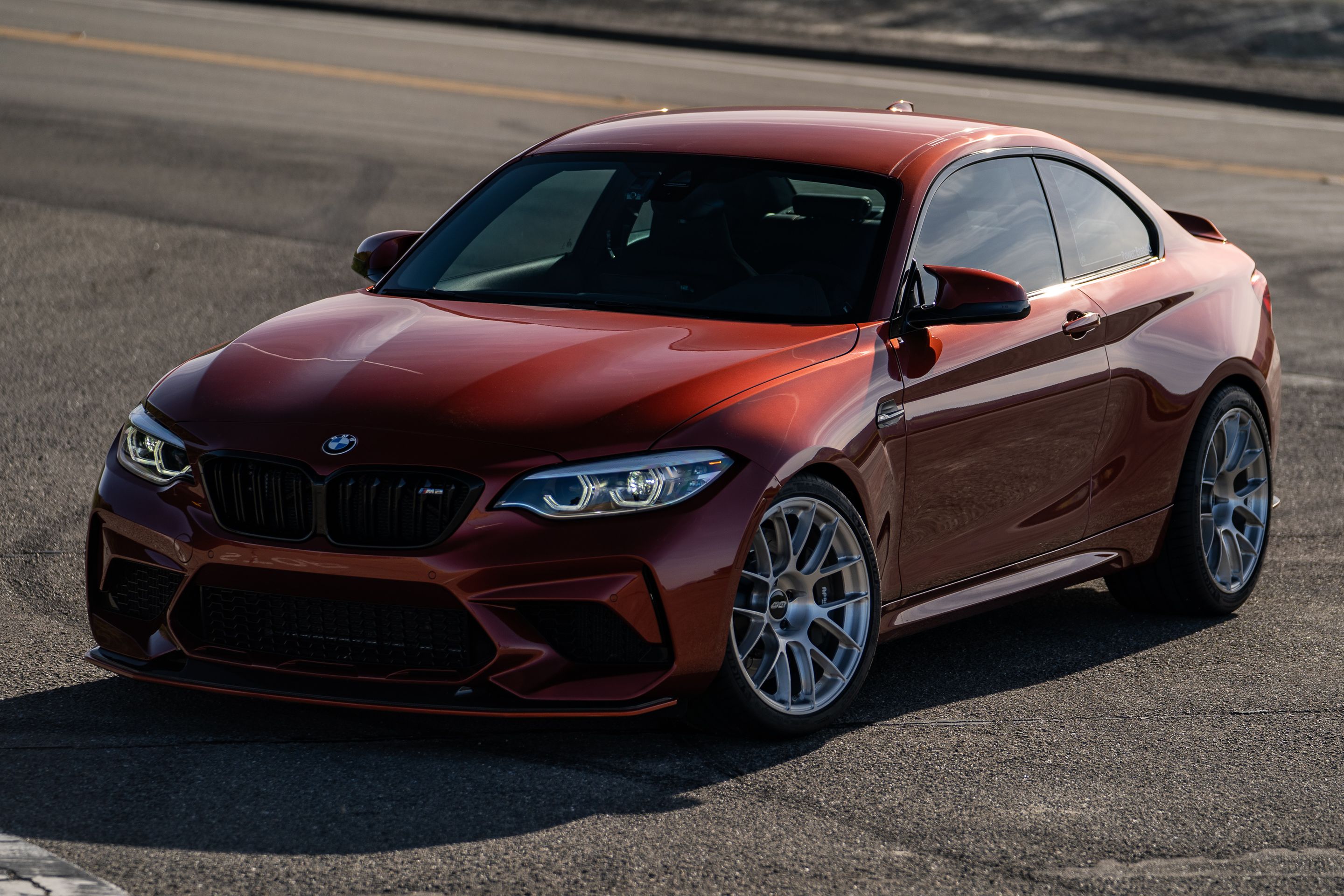 Orange BMW F87 M2 with 19" EC-7RS Apex wheels in Brushed Clear
