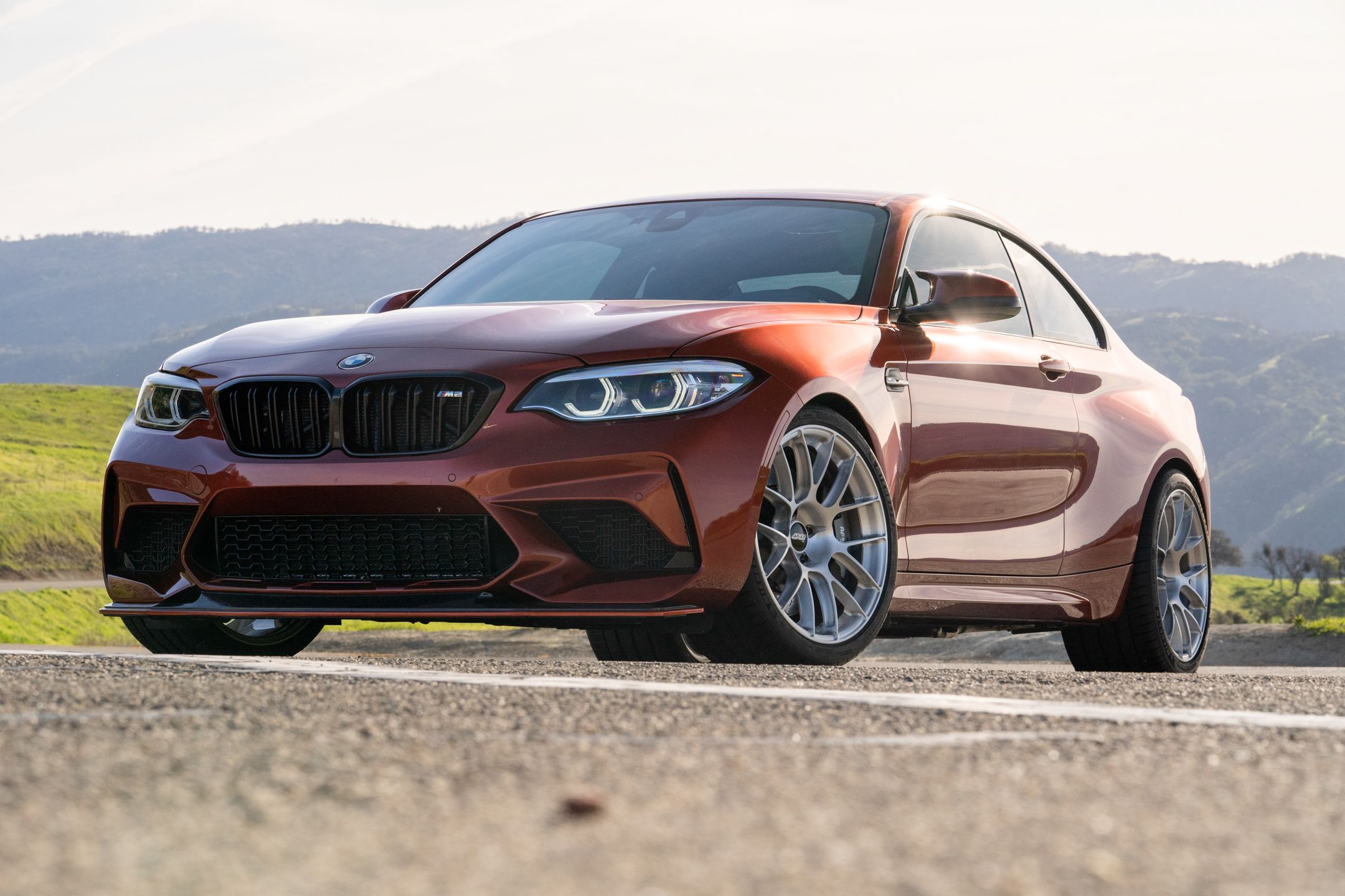 Orange BMW F87 M2 with 19" EC-7RS Apex wheels in Brushed Clear
