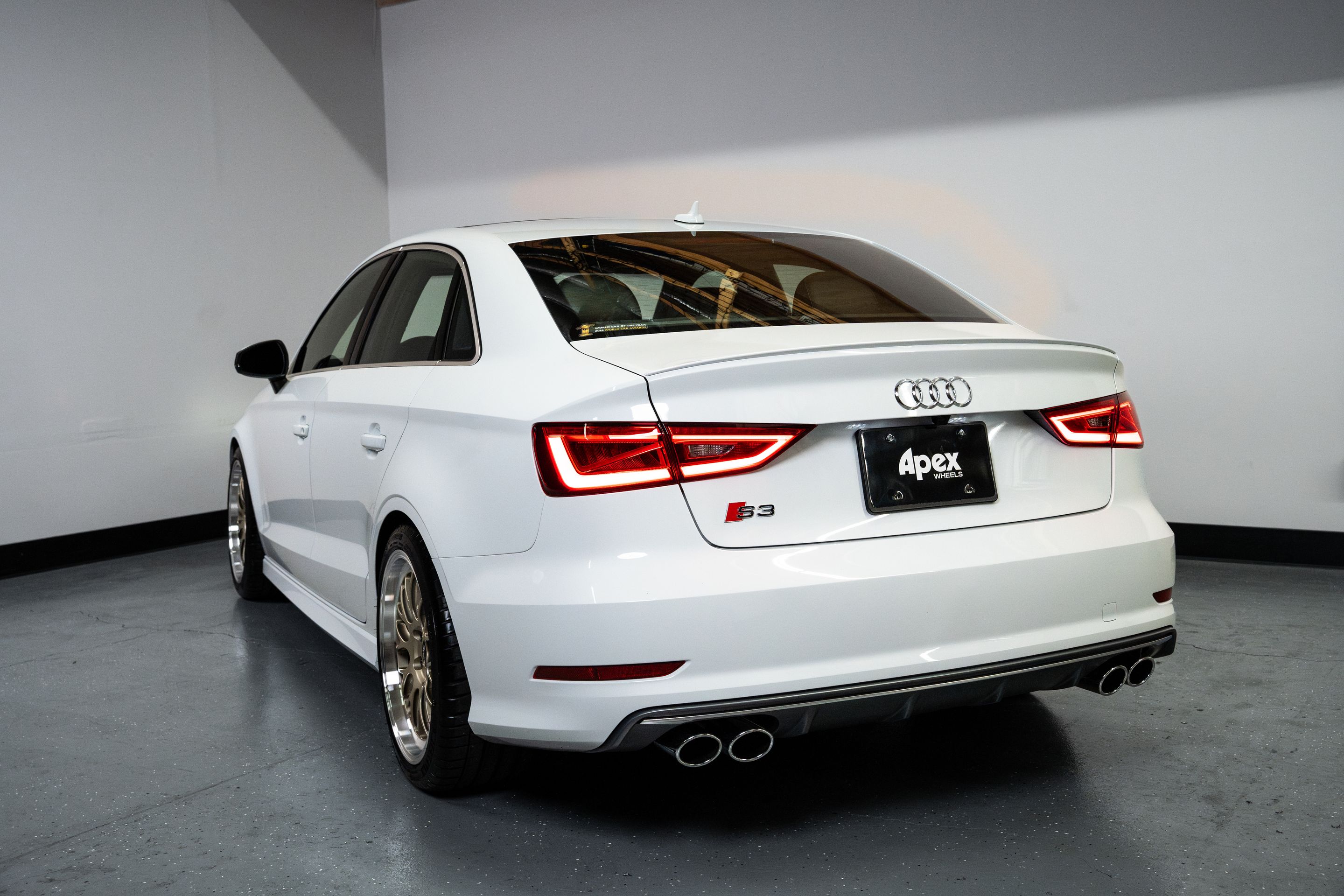 White Audi 8V S3 with 18" ML-10RT Apex wheels in Machined Lip Gloss Motorsport Gold