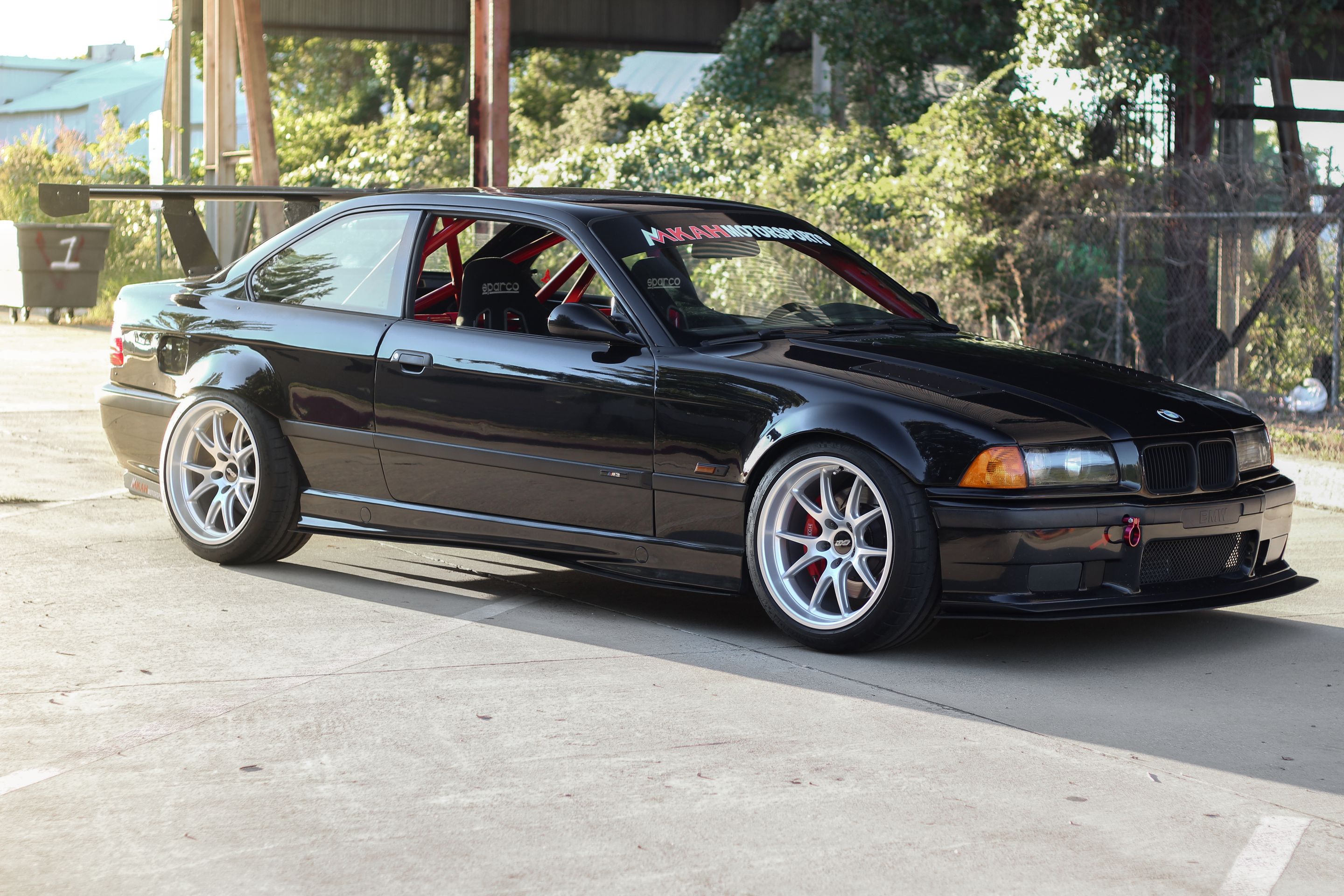 Black BMW E36 M3 with 18" FL-5 Apex wheels in Race Silver