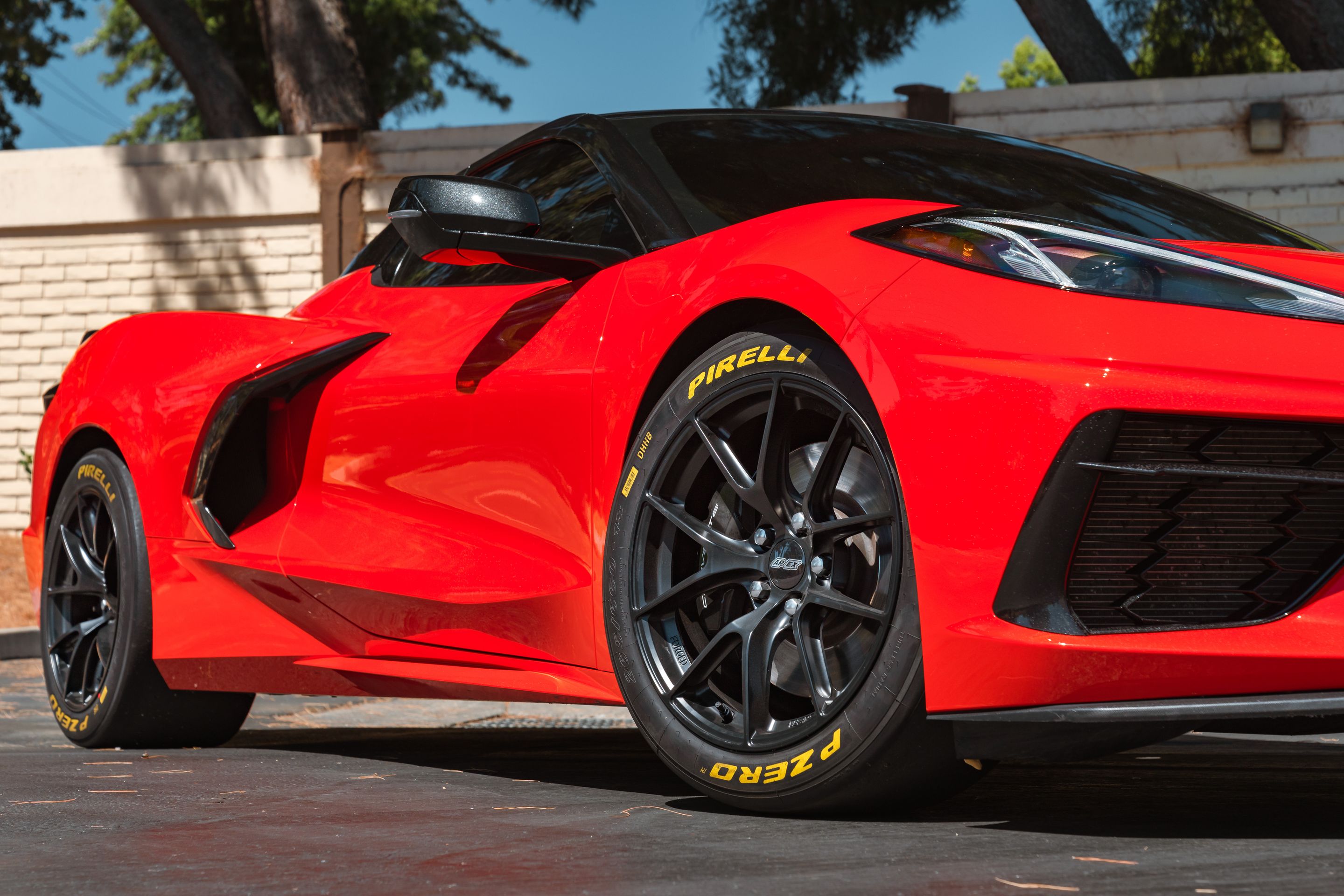 Red Chevrolet C8 Corvette Stingray/Z51 with 18" VS-5RS Apex wheels in Satin Black