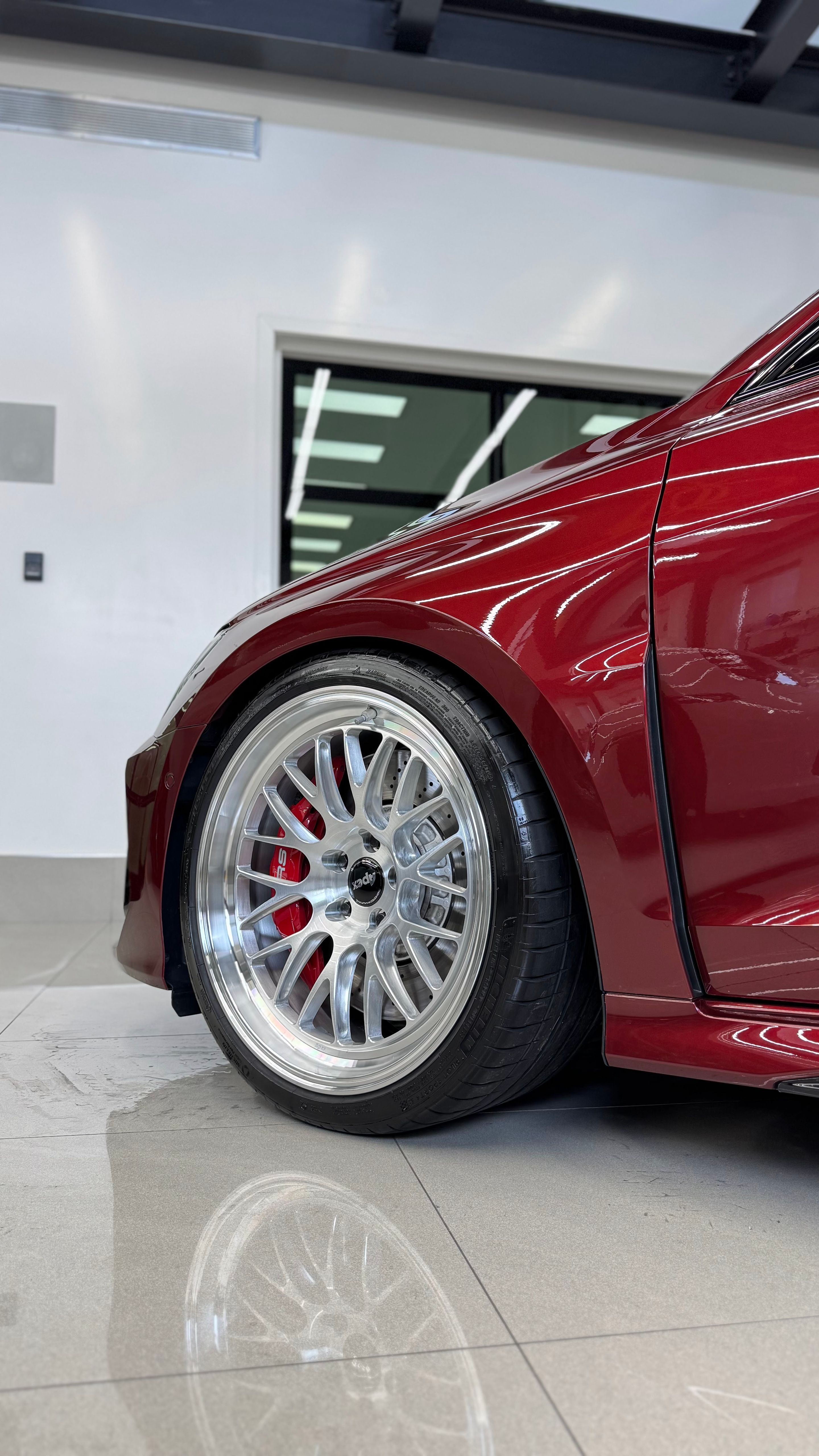 Red Audi 8Y RS 3 with 19" ML-10RT Apex wheels in Machined Lip Brushed Clear