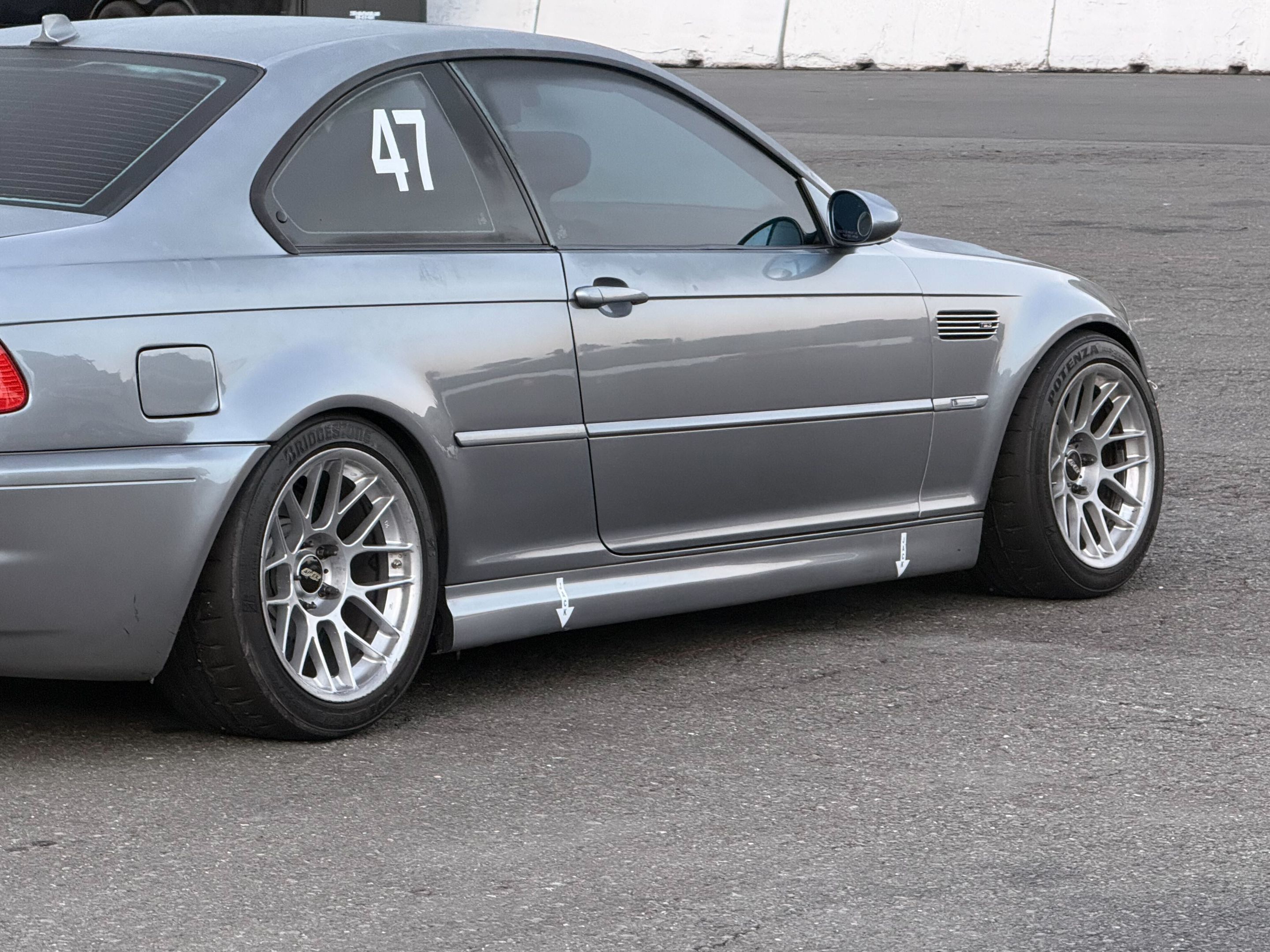 Silver BMW E46 M3 with 17" ARC-8 Apex wheels in Race Silver