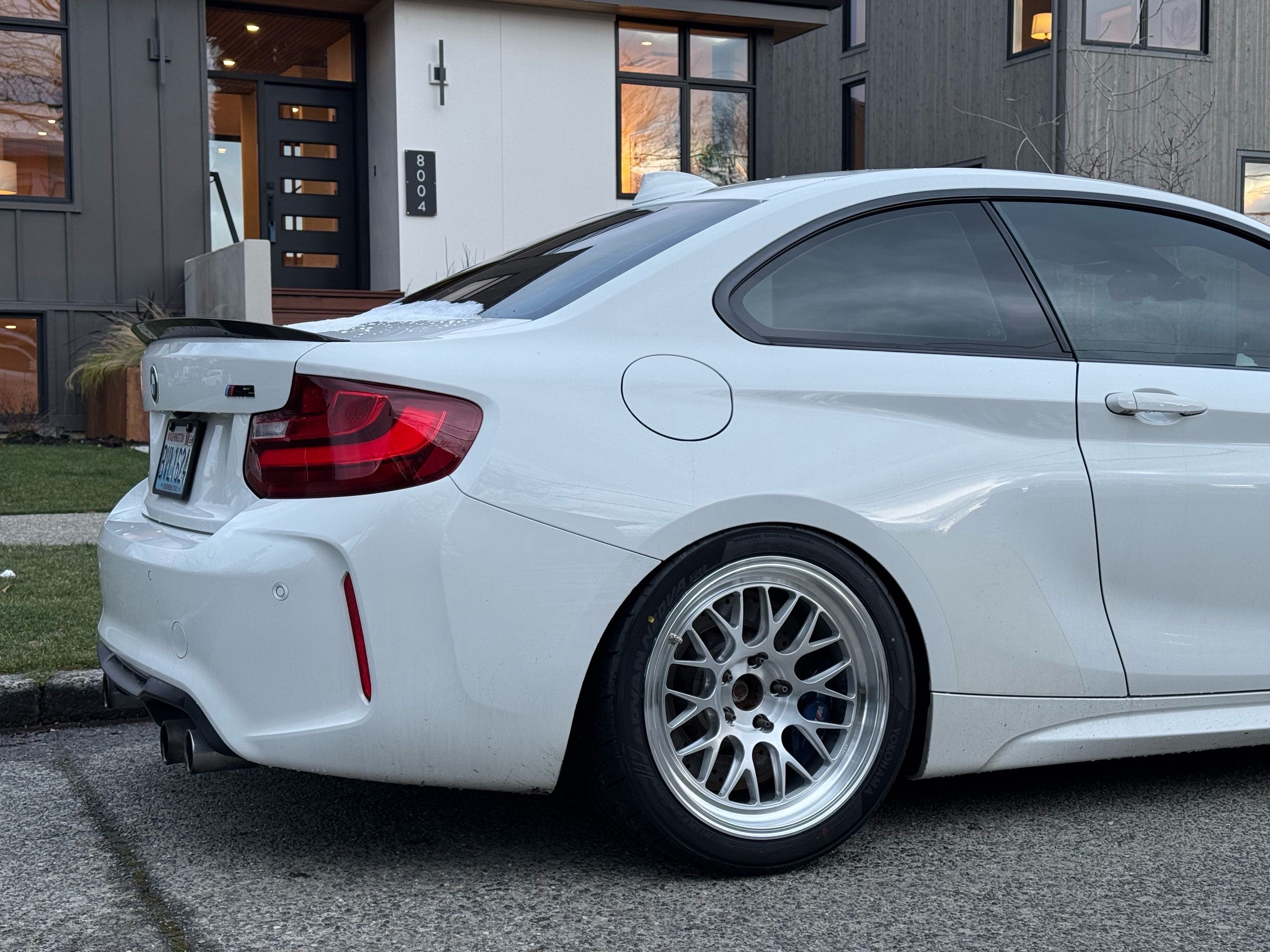 White BMW F87 M2 with 18" ML-10RT Apex wheels in Machined Lip Brushed Clear