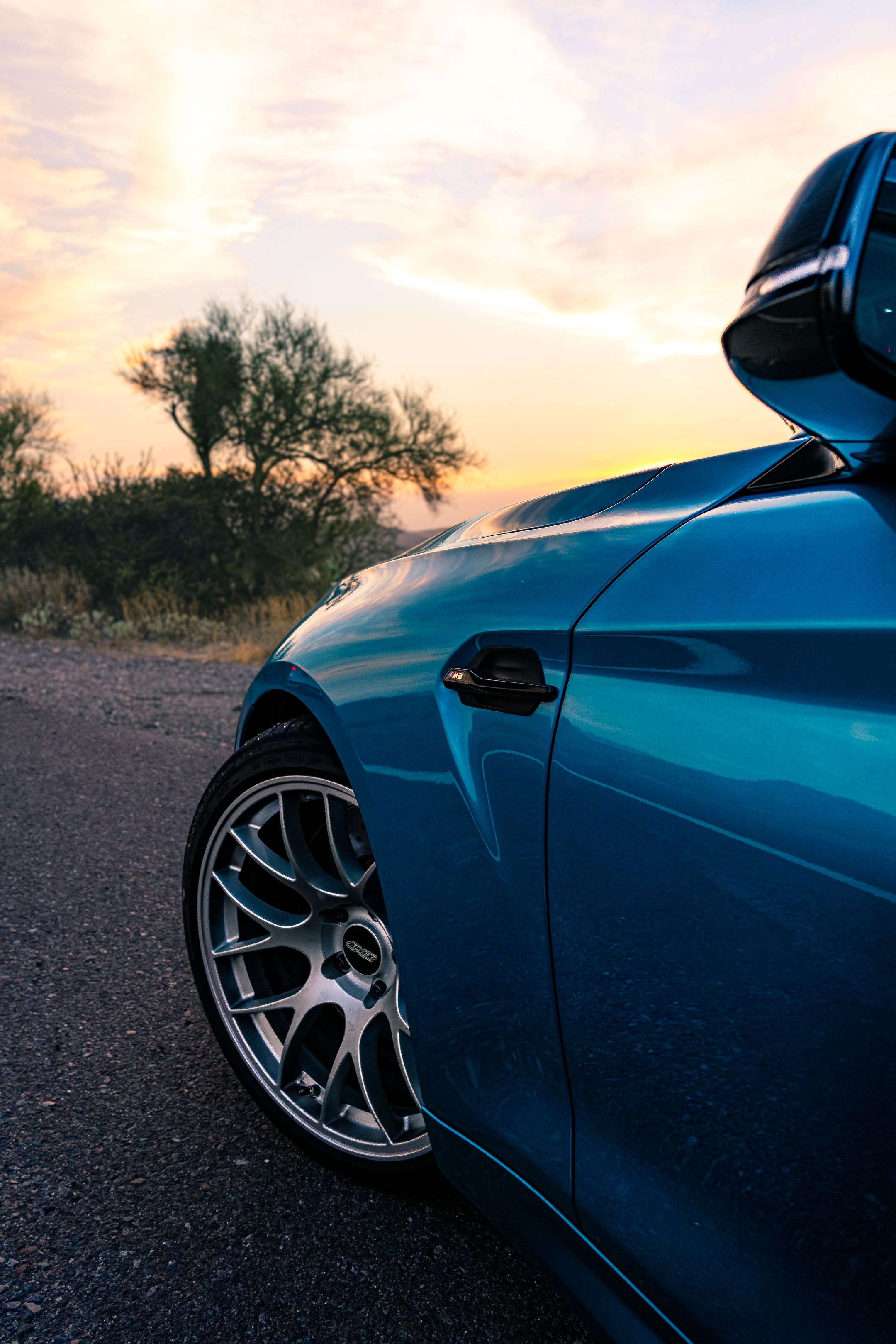Blue BMW F87 M2 with 19" EC-7 Apex wheels in Race Silver