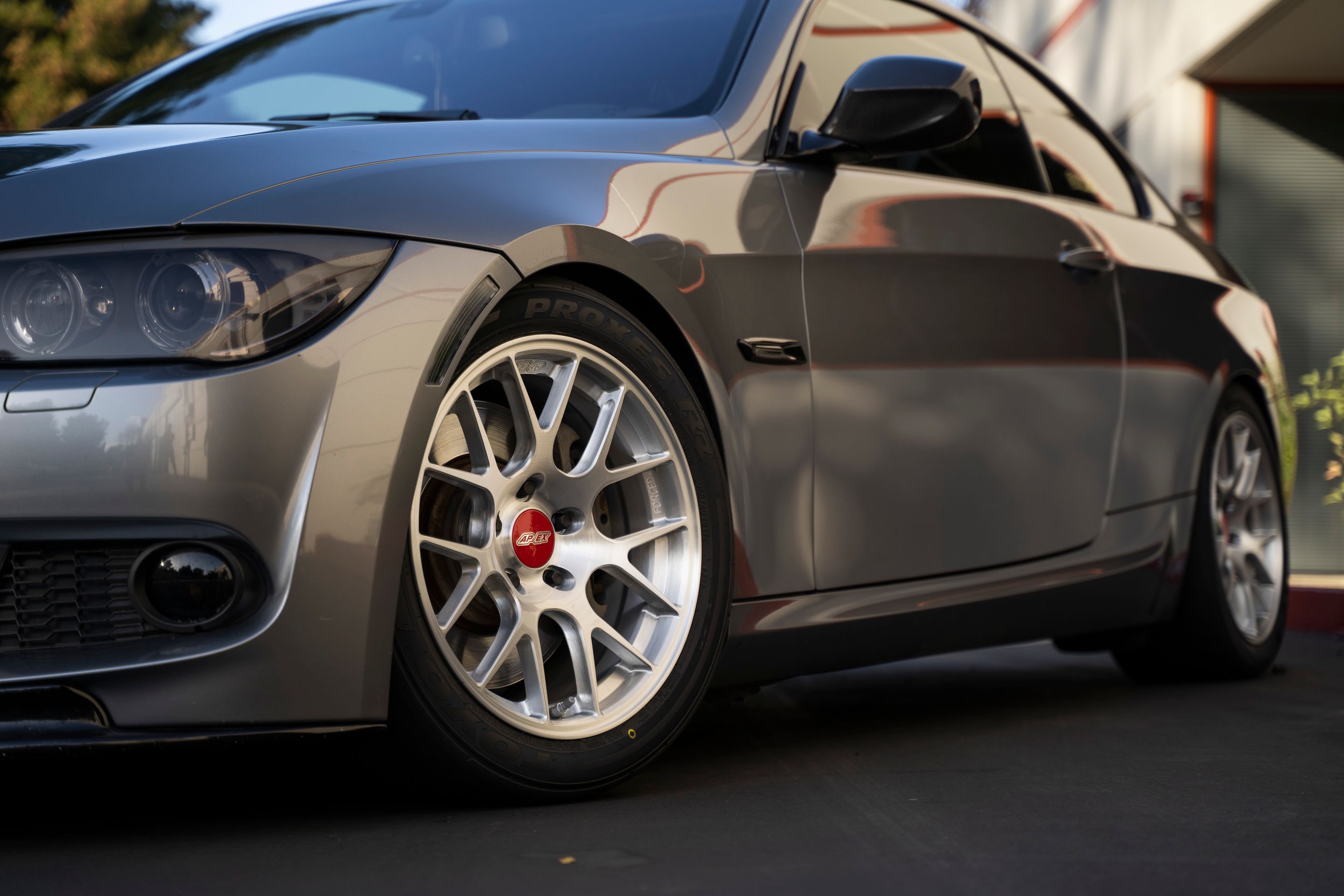Grey BMW E92 Coupe 3 Series with 17" EC-7R Apex wheels in Brushed Clear