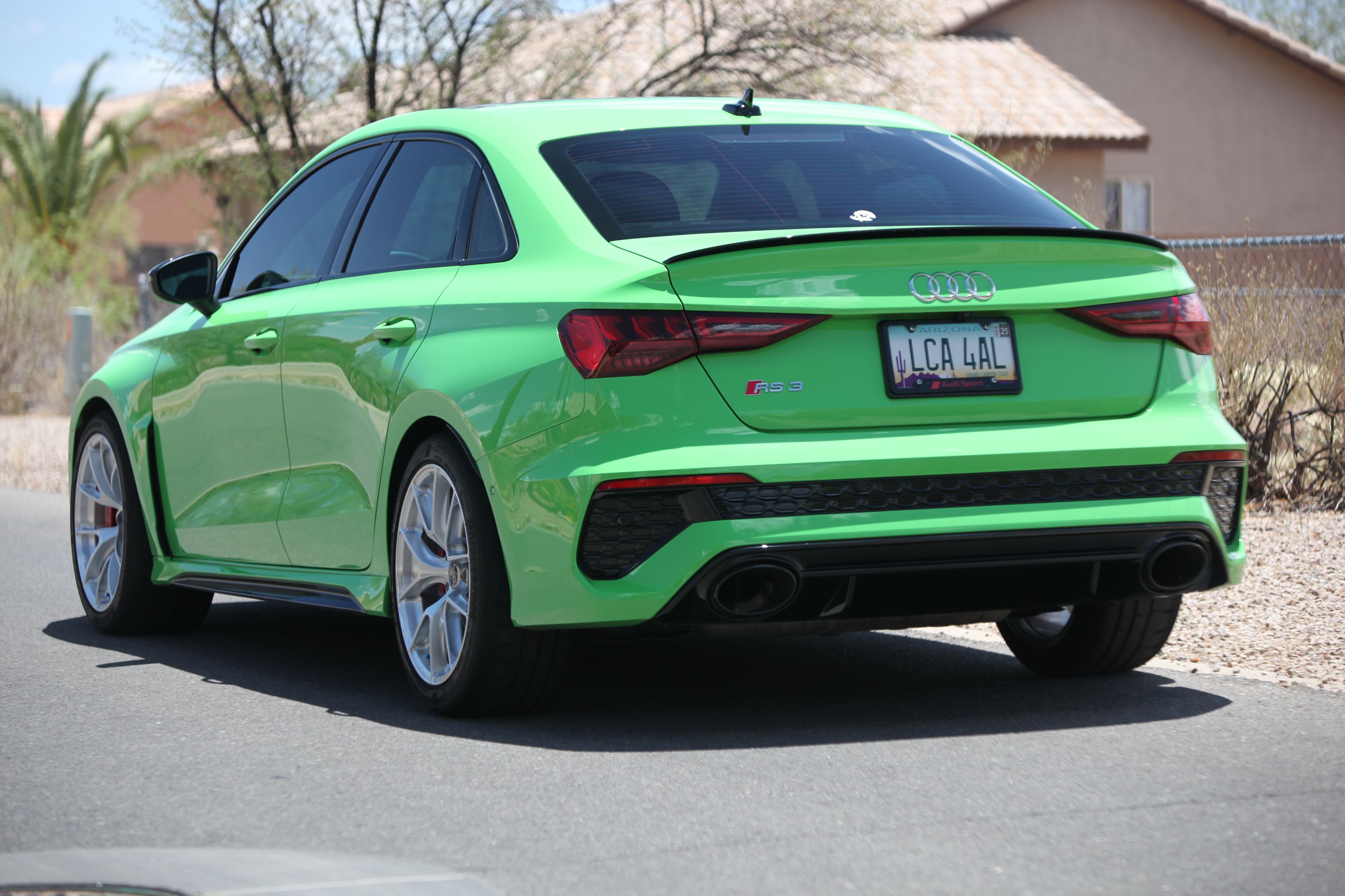 Green Audi 8Y RS 3 with 18" VS-5RS Apex wheels in Brushed Clear