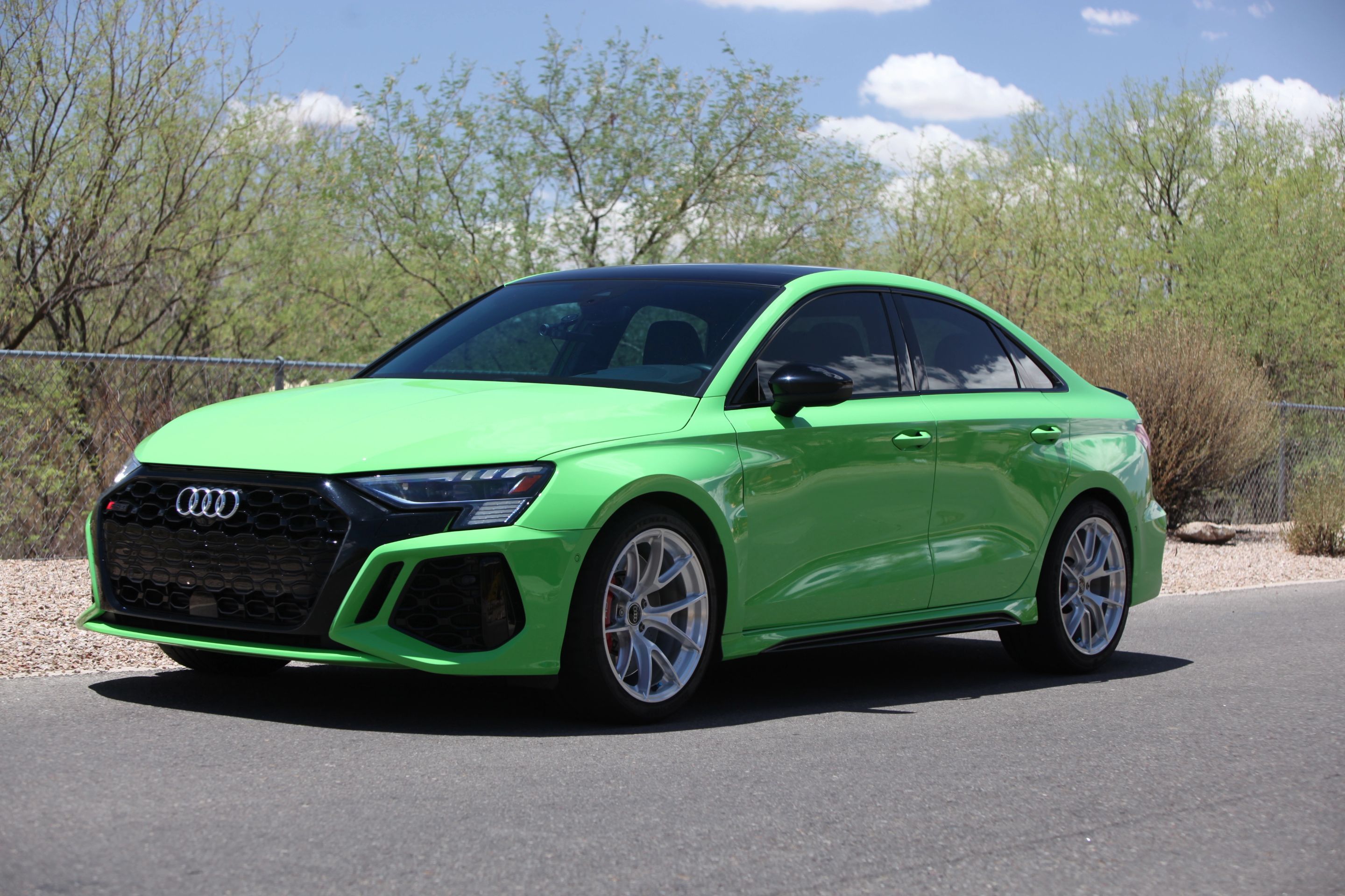 Green Audi 8Y RS 3 with 18" VS-5RS Apex wheels in Brushed Clear