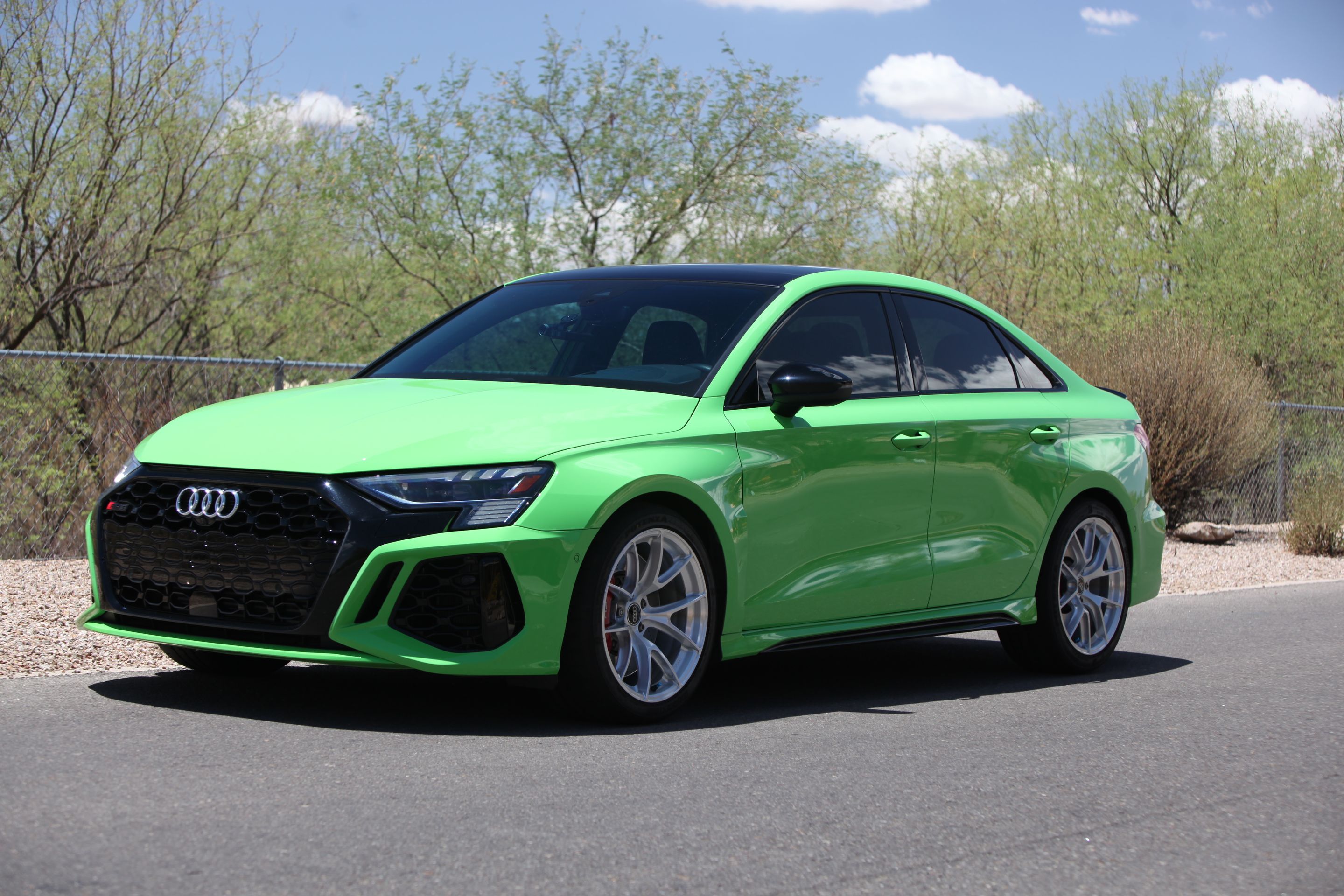 Green Audi 8Y RS 3 with 18" VS-5RS Apex wheels in Brushed Clear
