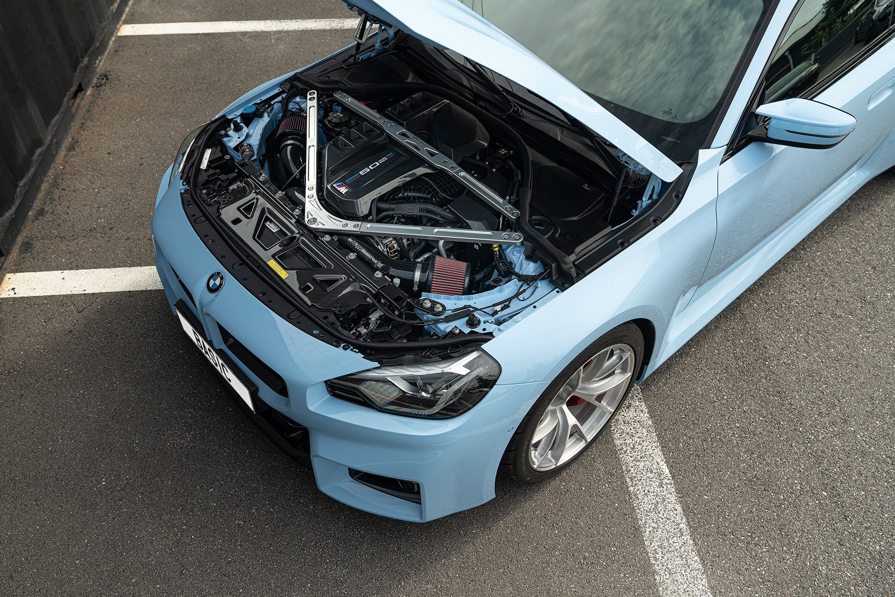 Blue BMW G87 M2 with 19" VS-5RS Apex wheels in Brushed Clear