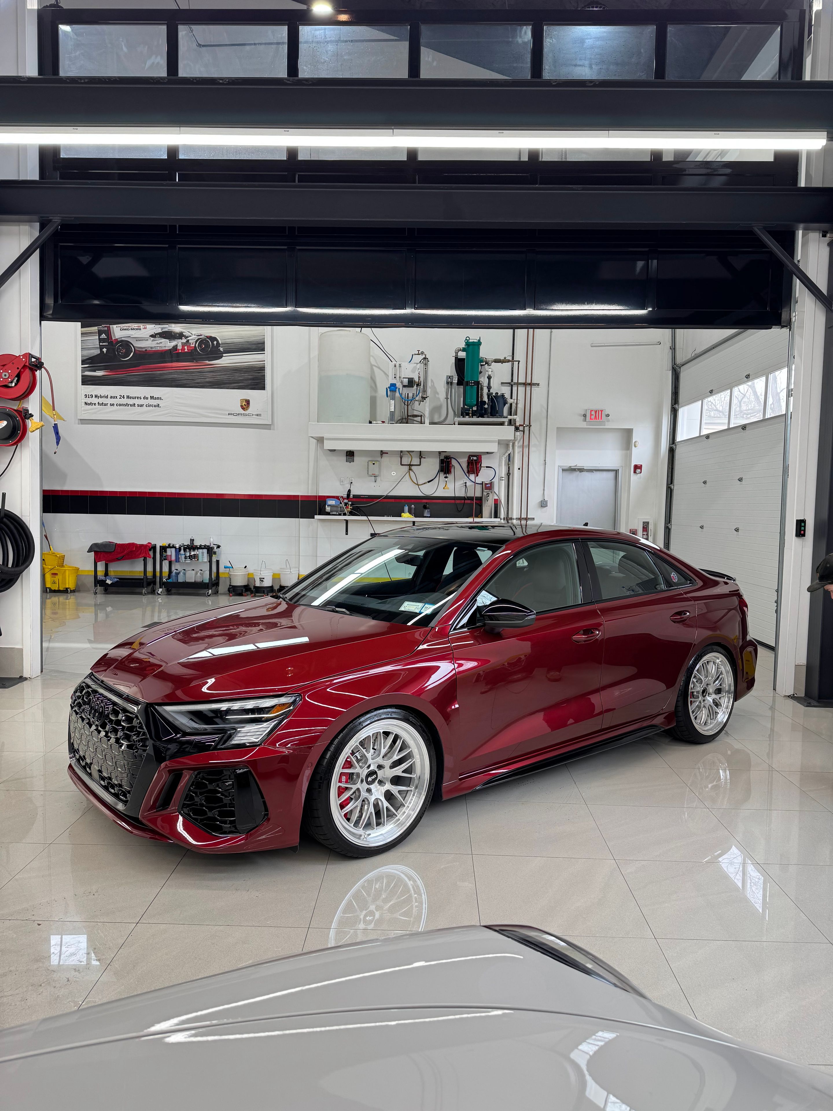 Red Audi 8Y RS 3 with 19" ML-10RT Apex wheels in Machined Lip Brushed Clear