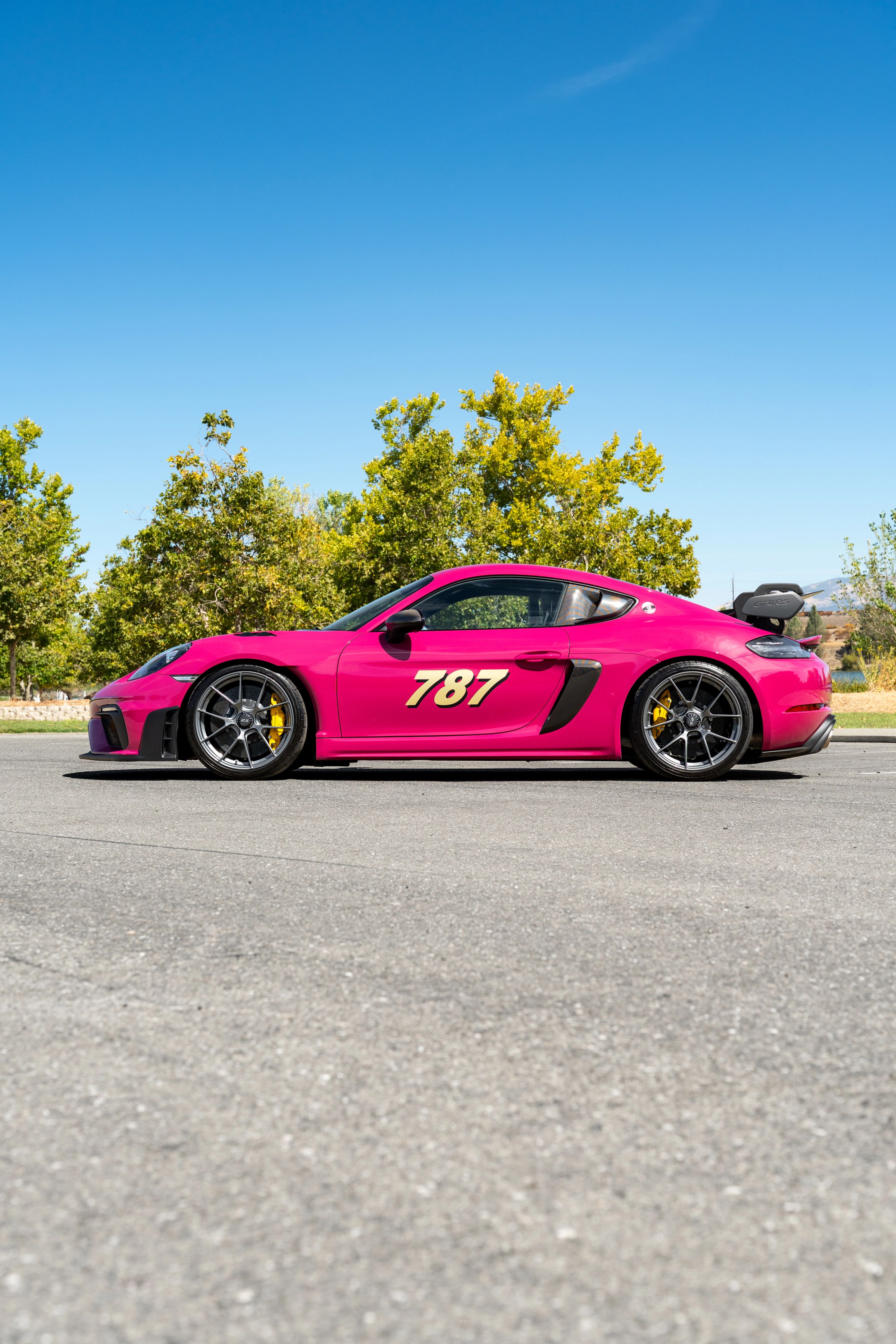 Pink Porsche 718 Cayman GT4 RS with 20" VS-5RS Apex wheels in Anthracite