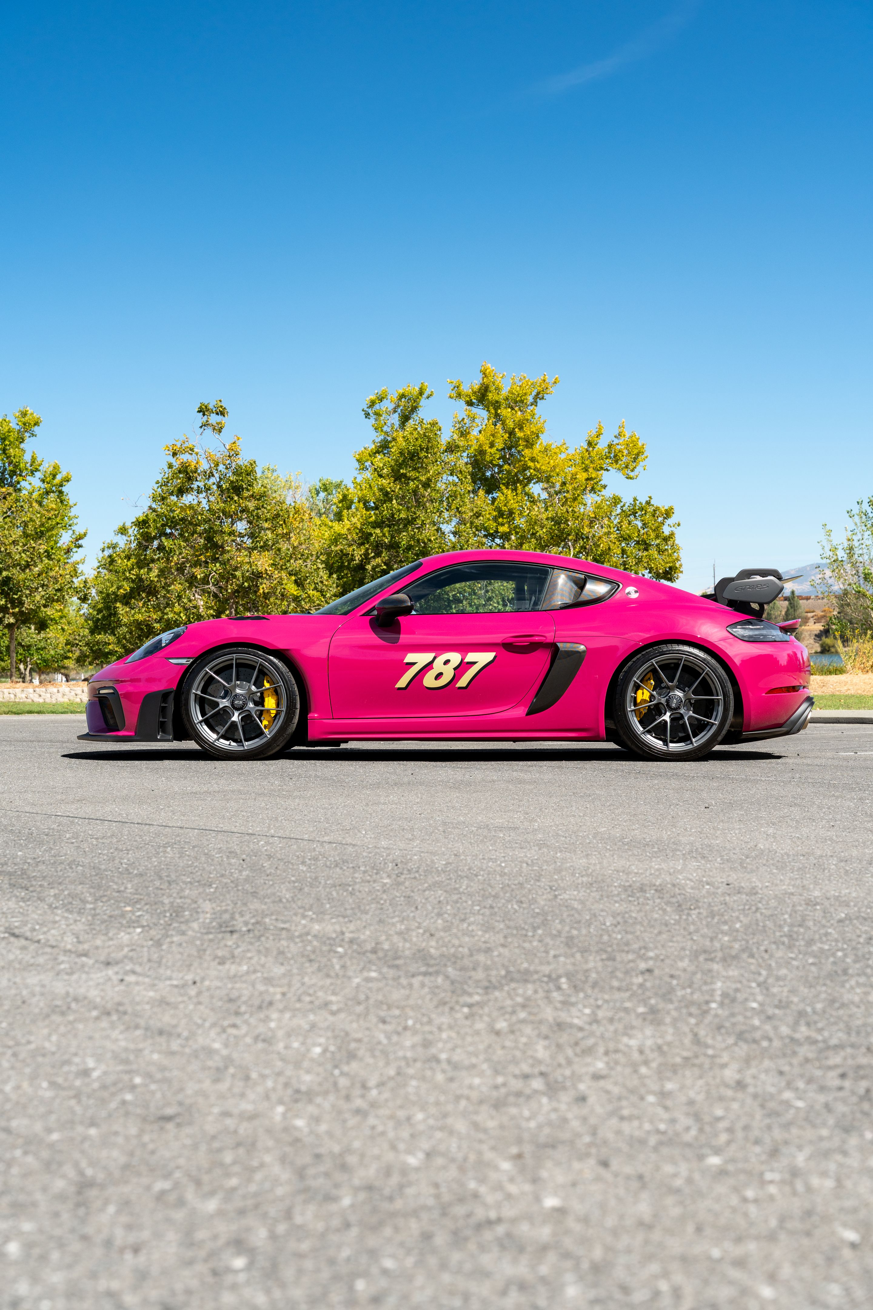 Pink Porsche 718 Cayman GT4 RS with 20" VS-5RS Apex wheels in Anthracite