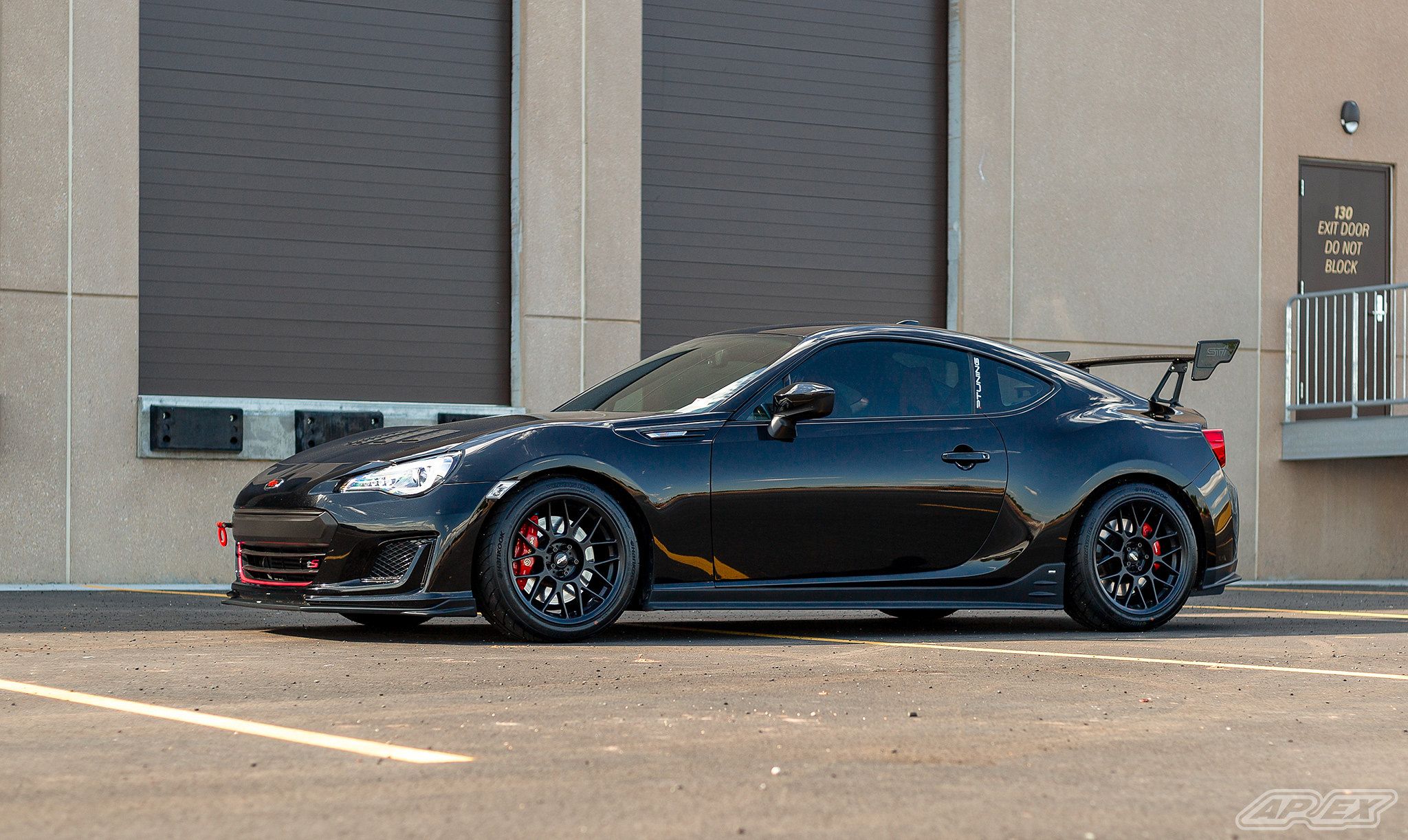 Black Subaru ZC6 / Gen 1 BRZ with 17" ARC-8 Apex wheels in Satin Black
