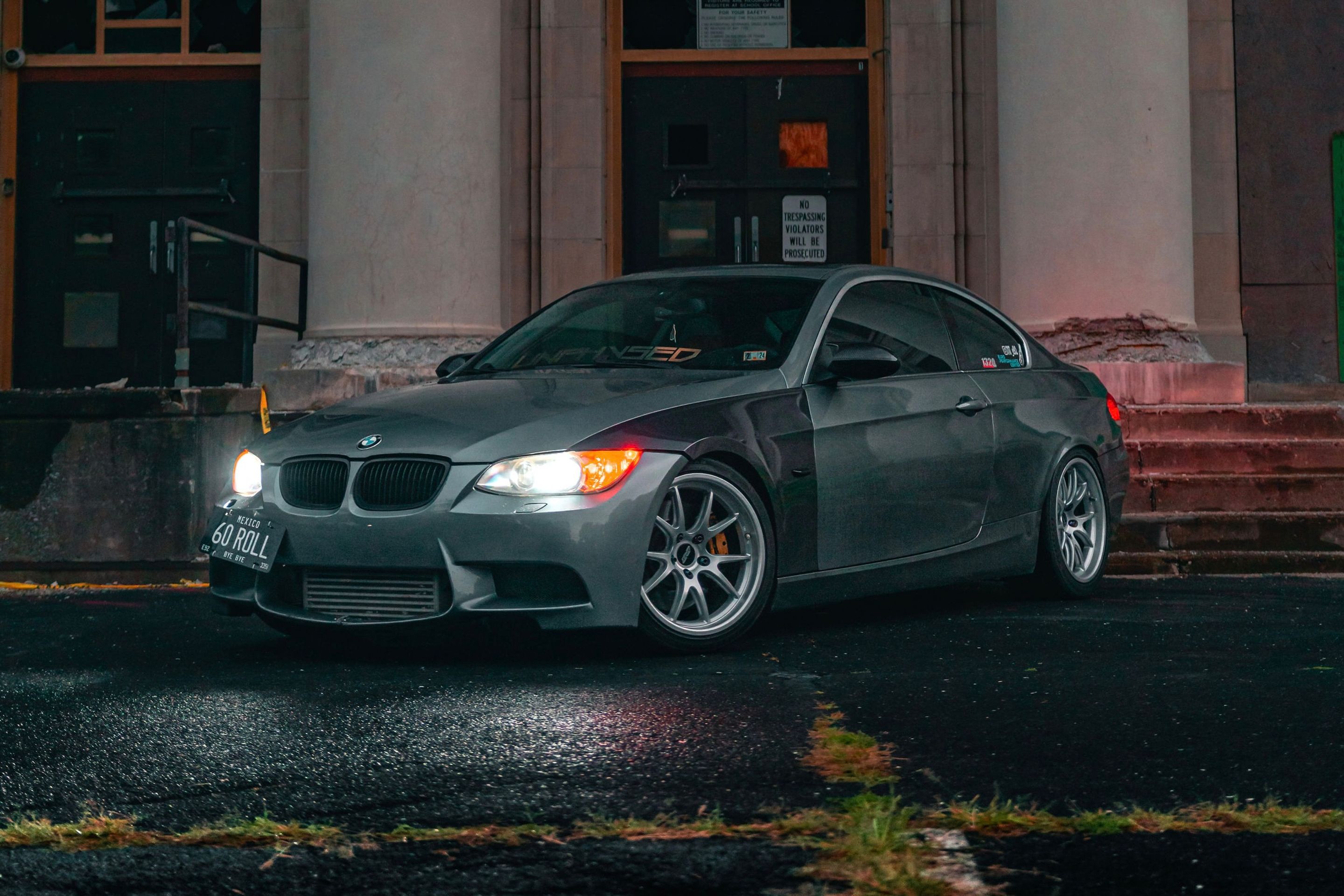 Grey BMW E92 Coupe 3 Series with 18" FL-5 Apex wheels in Race Silver