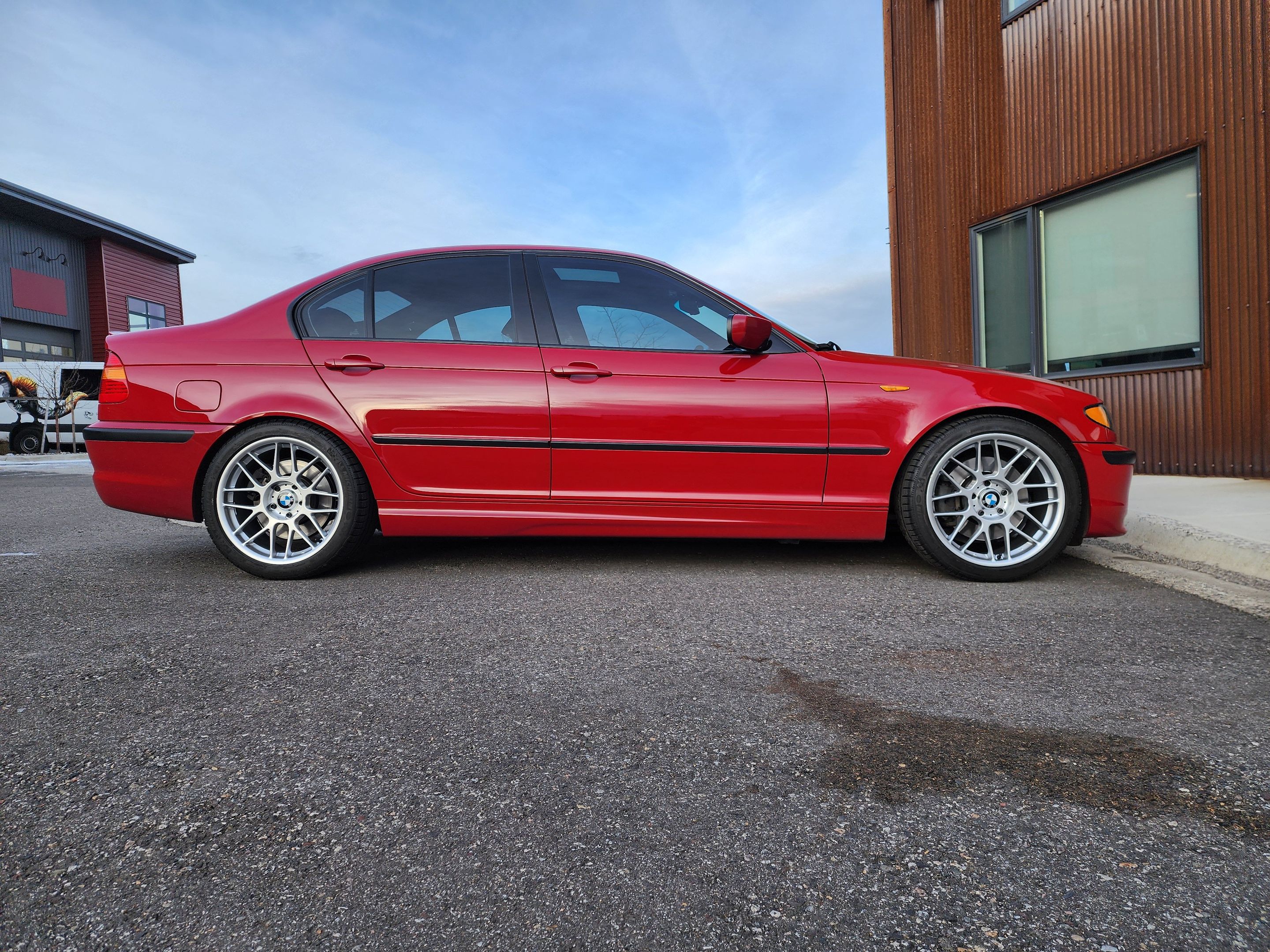 Red BMW E46 3 Series with 18" ARC-8 Apex wheels in Race Silver