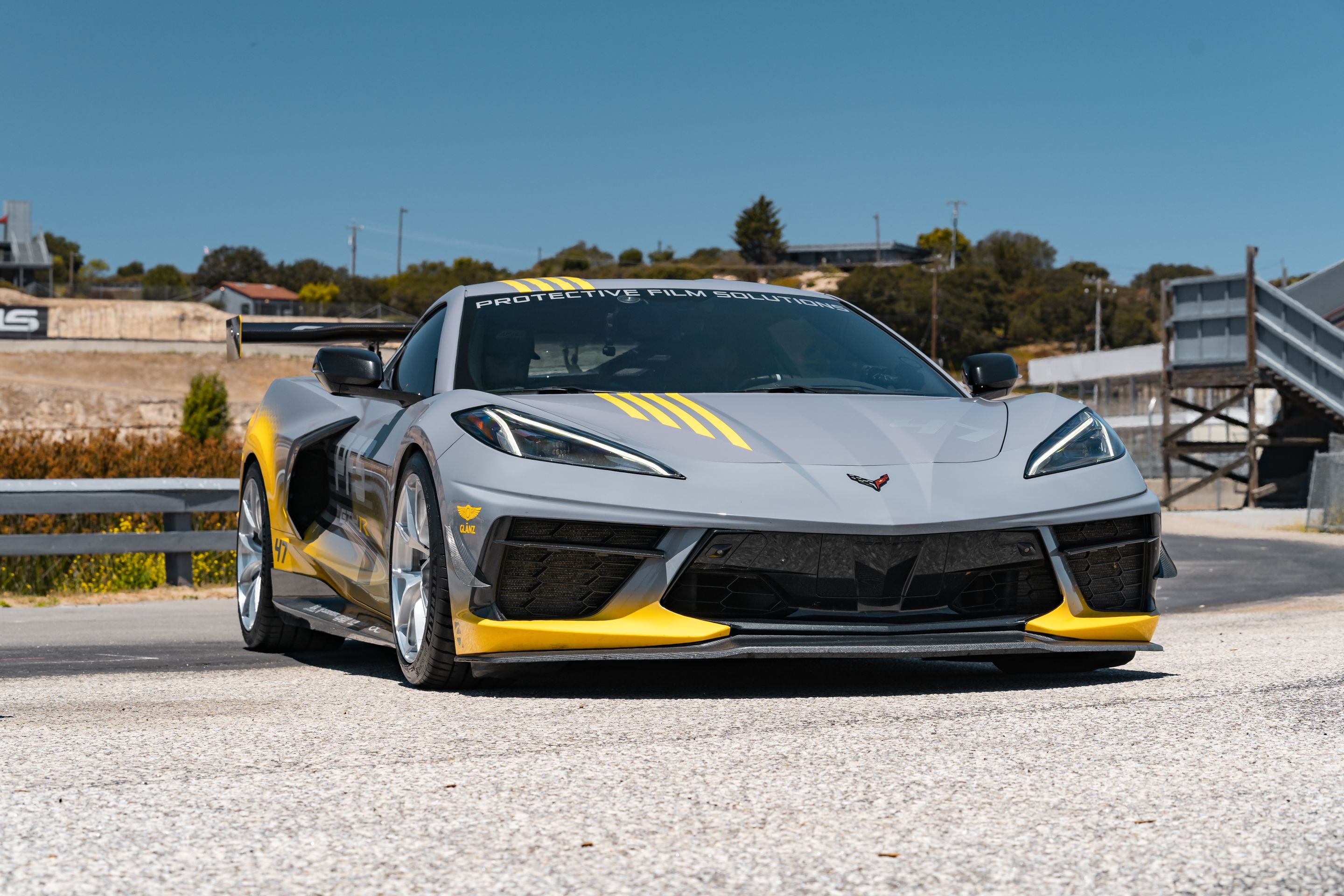 Grey Chevrolet C8 Corvette Stingray/Z51 with 18"/19" VS-5RS Apex wheels in Brushed Clear