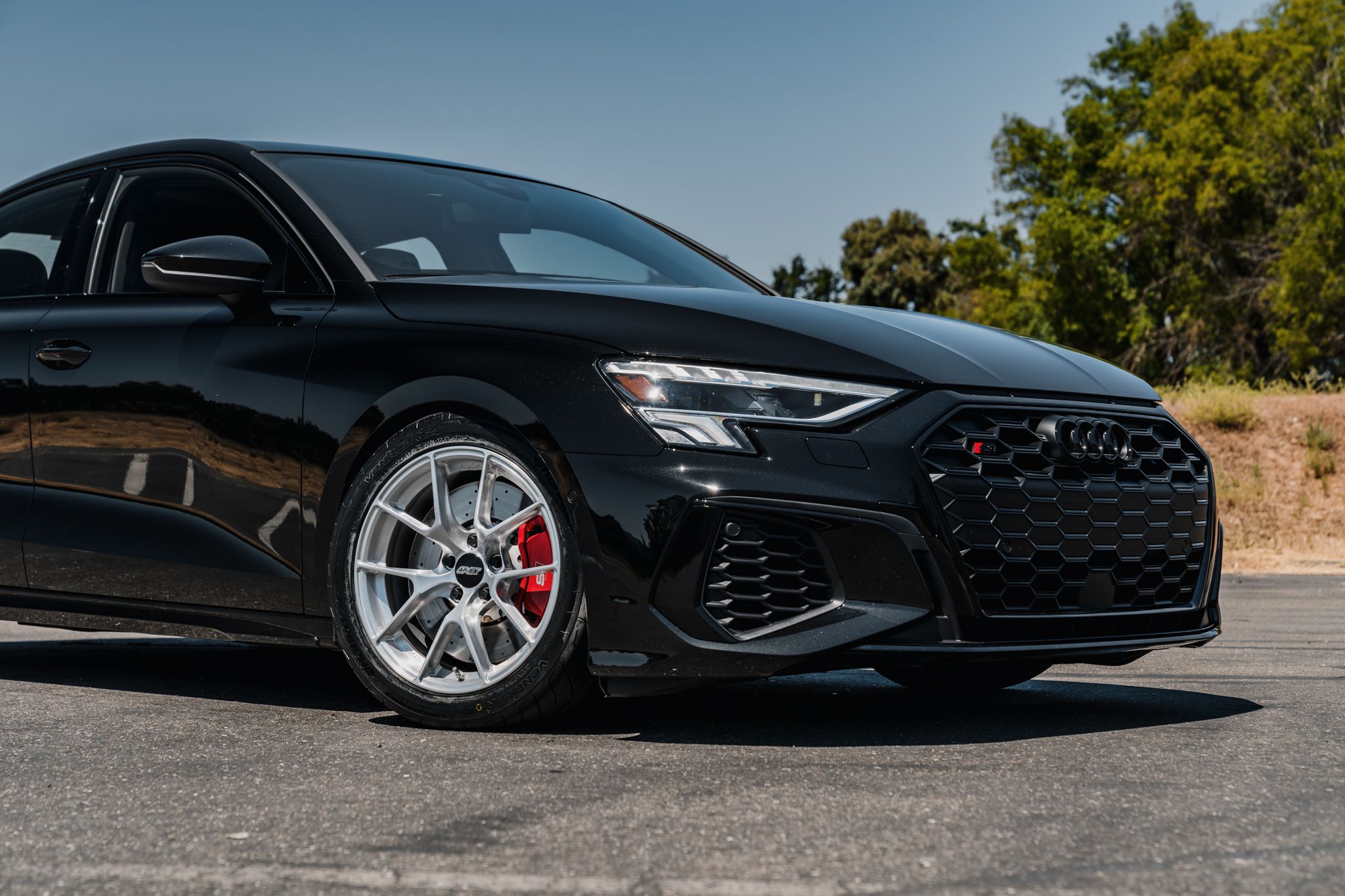 Black Audi 8Y S3 with 17" VS-5RS Apex wheels in Brushed Clear