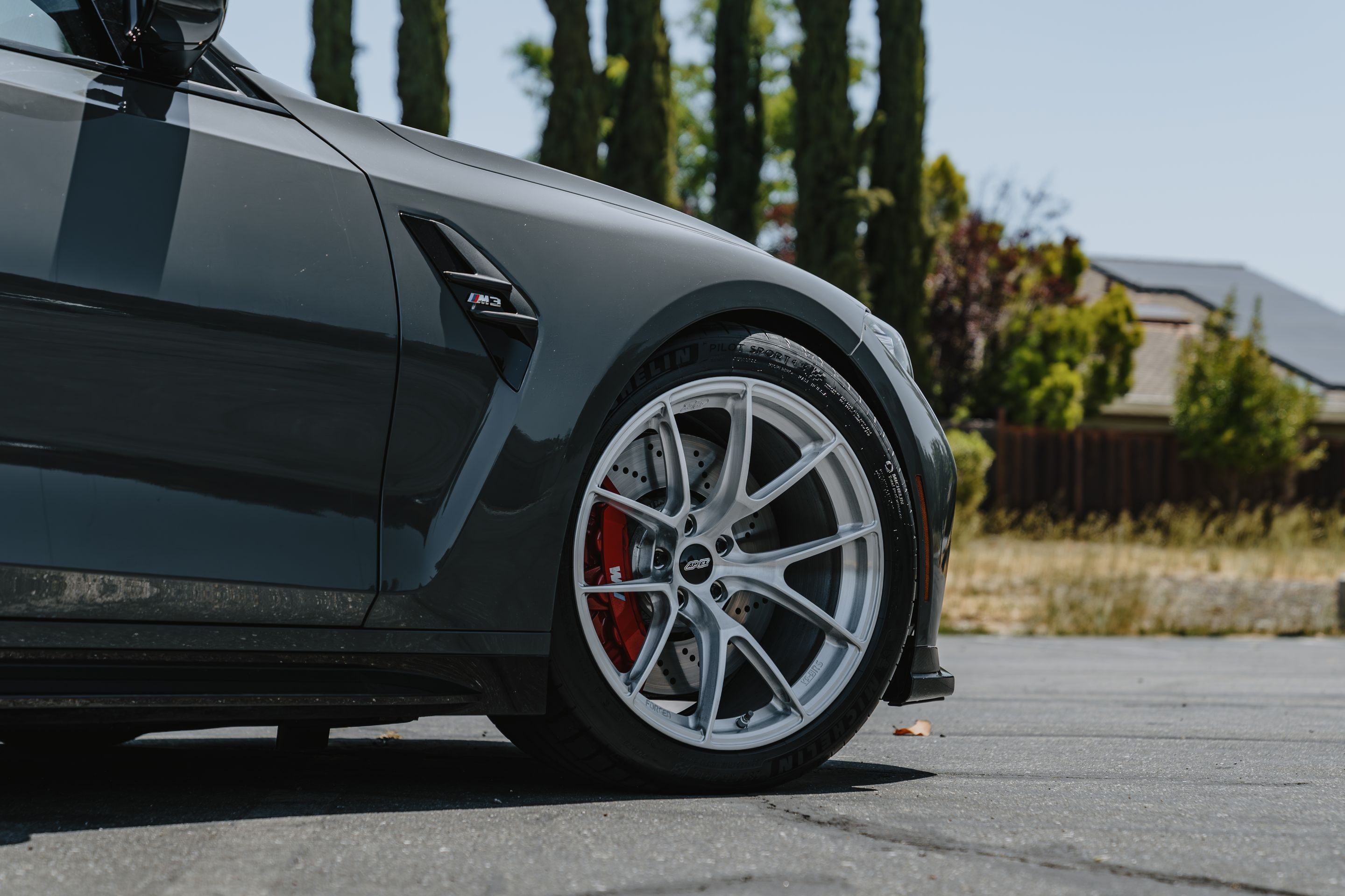 Grey BMW G80 M3 with 19" VS-5RS Apex wheels in Brushed Clear