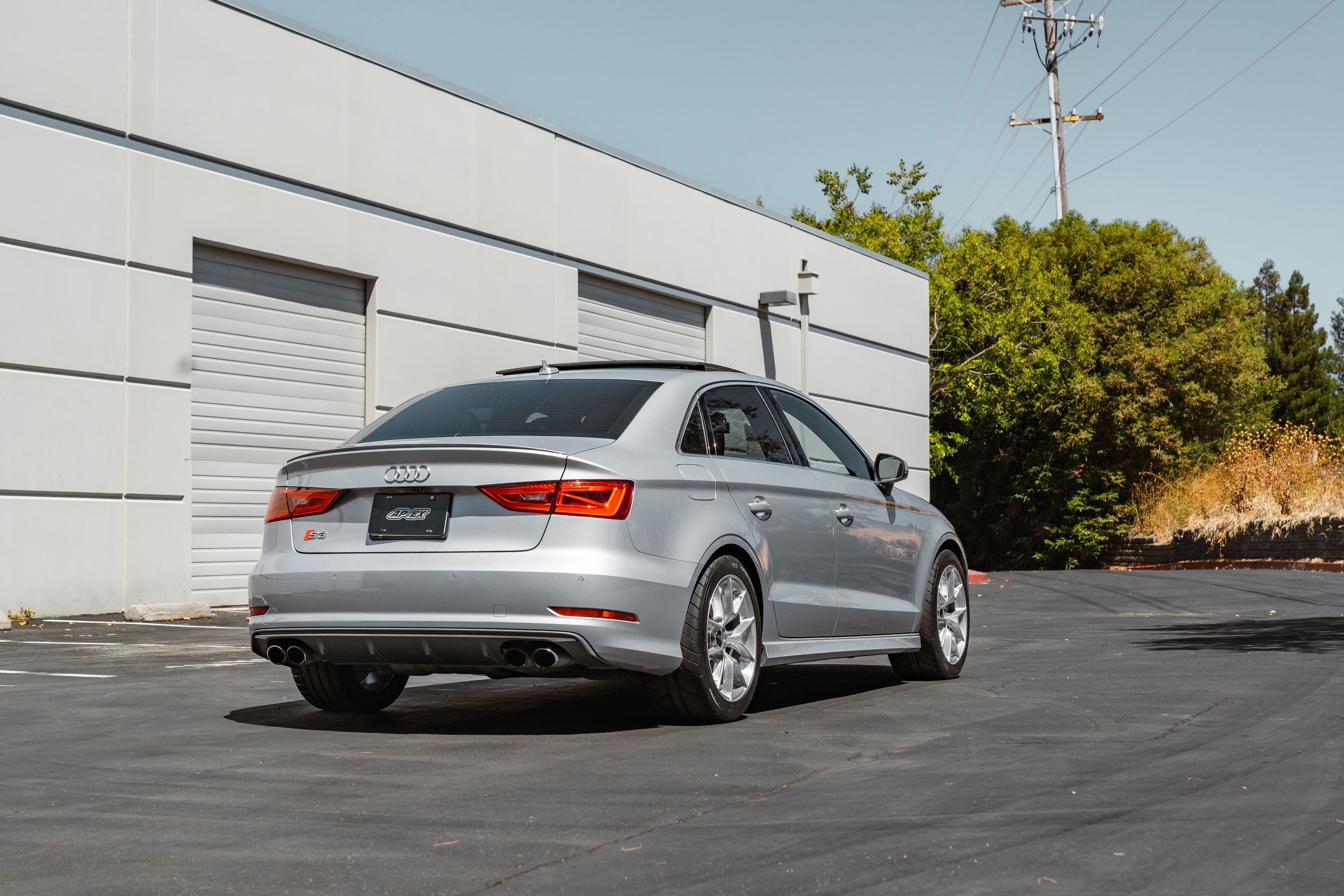 Silver Audi 8V S3 with 17" VS-5RS Apex wheels in Brushed Clear
