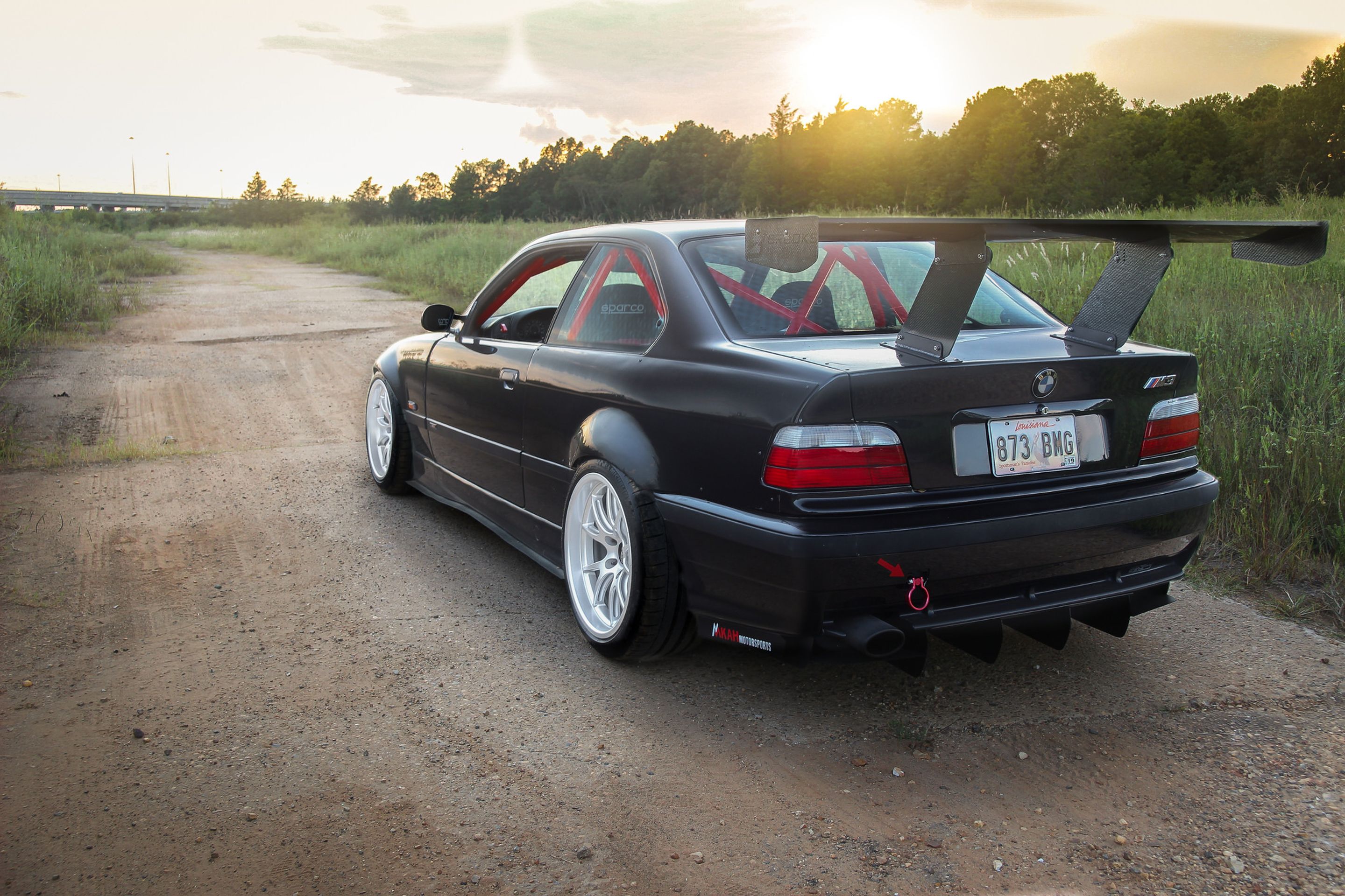 Black BMW E36 M3 with 18" FL-5 Apex wheels in Race Silver
