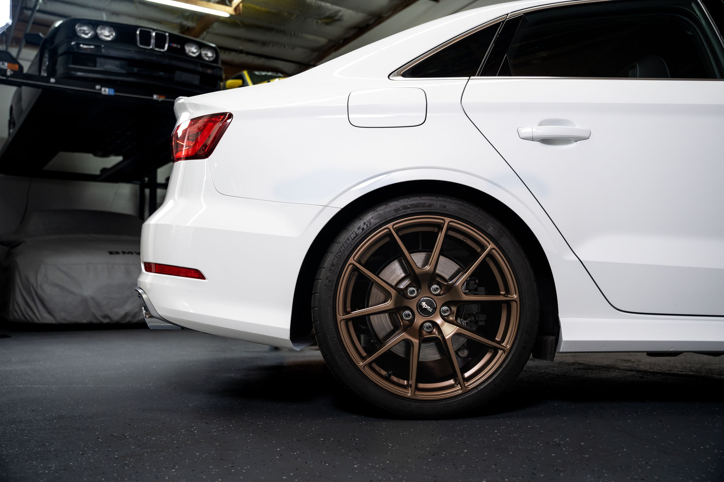 White Audi 8V S3 with 18" VS-5 Apex wheels in Satin Bronze