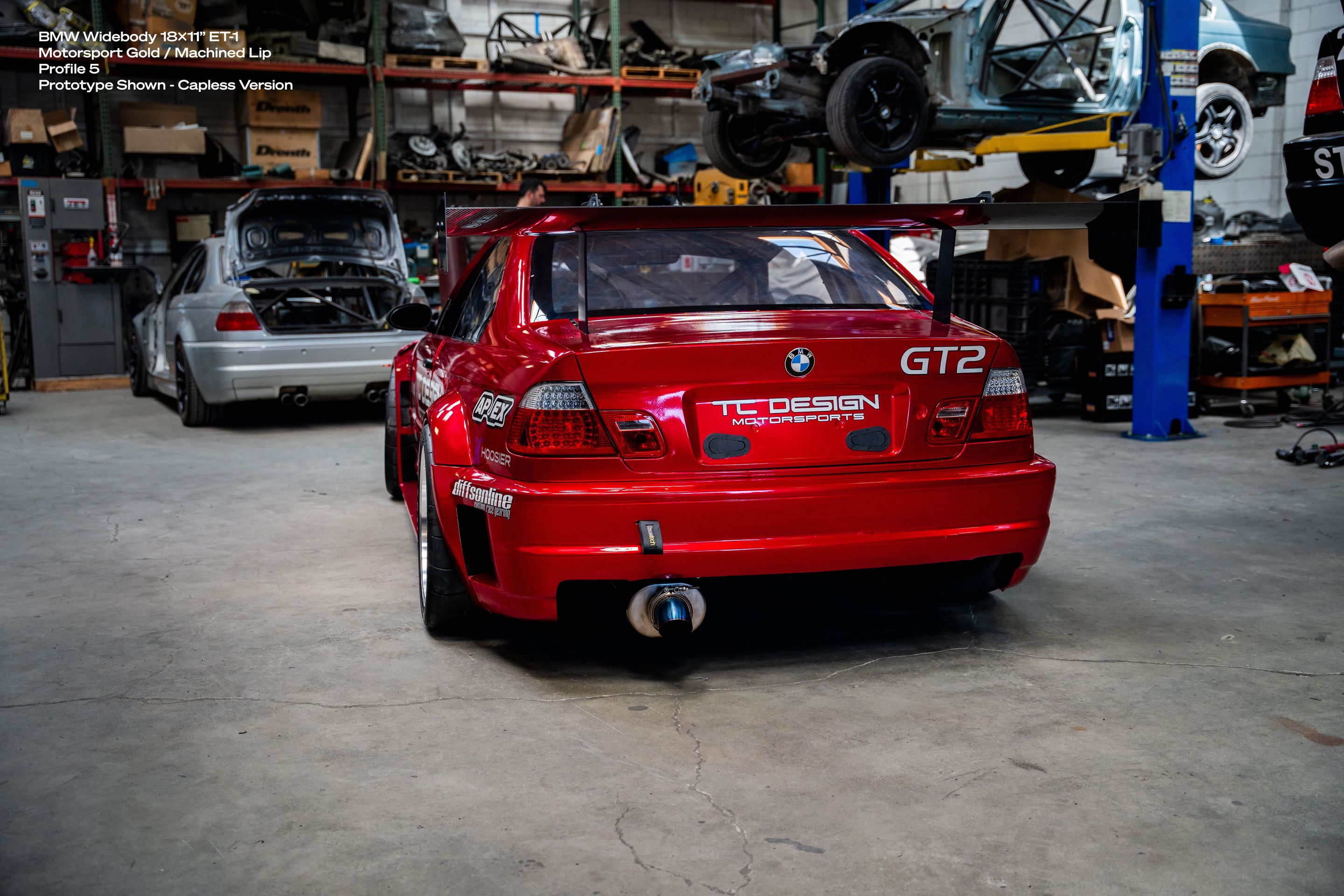 Red BMW E46 M3 with 18" ML-10RT Apex wheels in Machined Lip Gloss Motorsport Gold