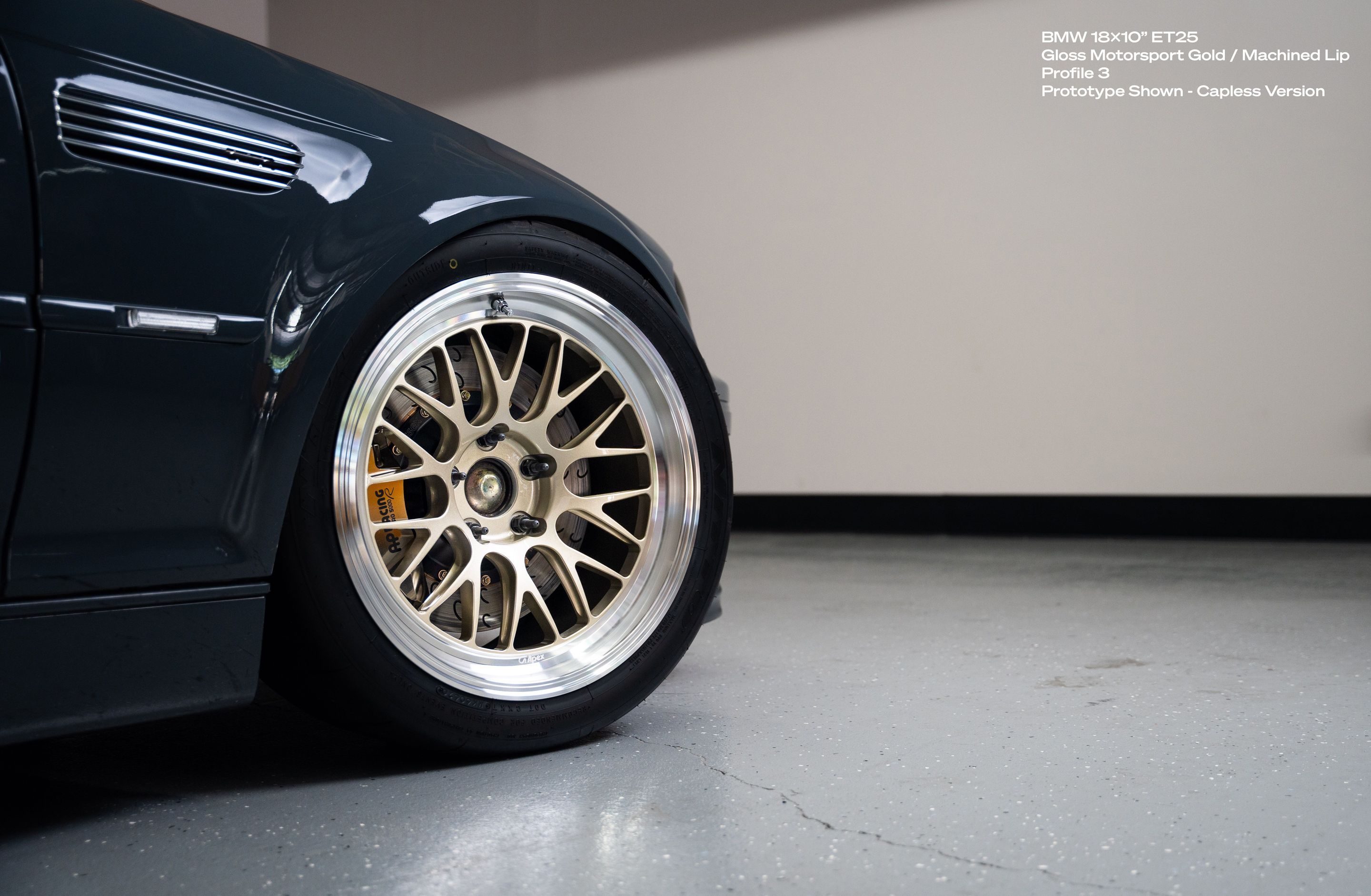 Grey BMW E46 M3 with 18" ML-10RT Apex wheels in Machined Lip Gloss Motorsport Gold