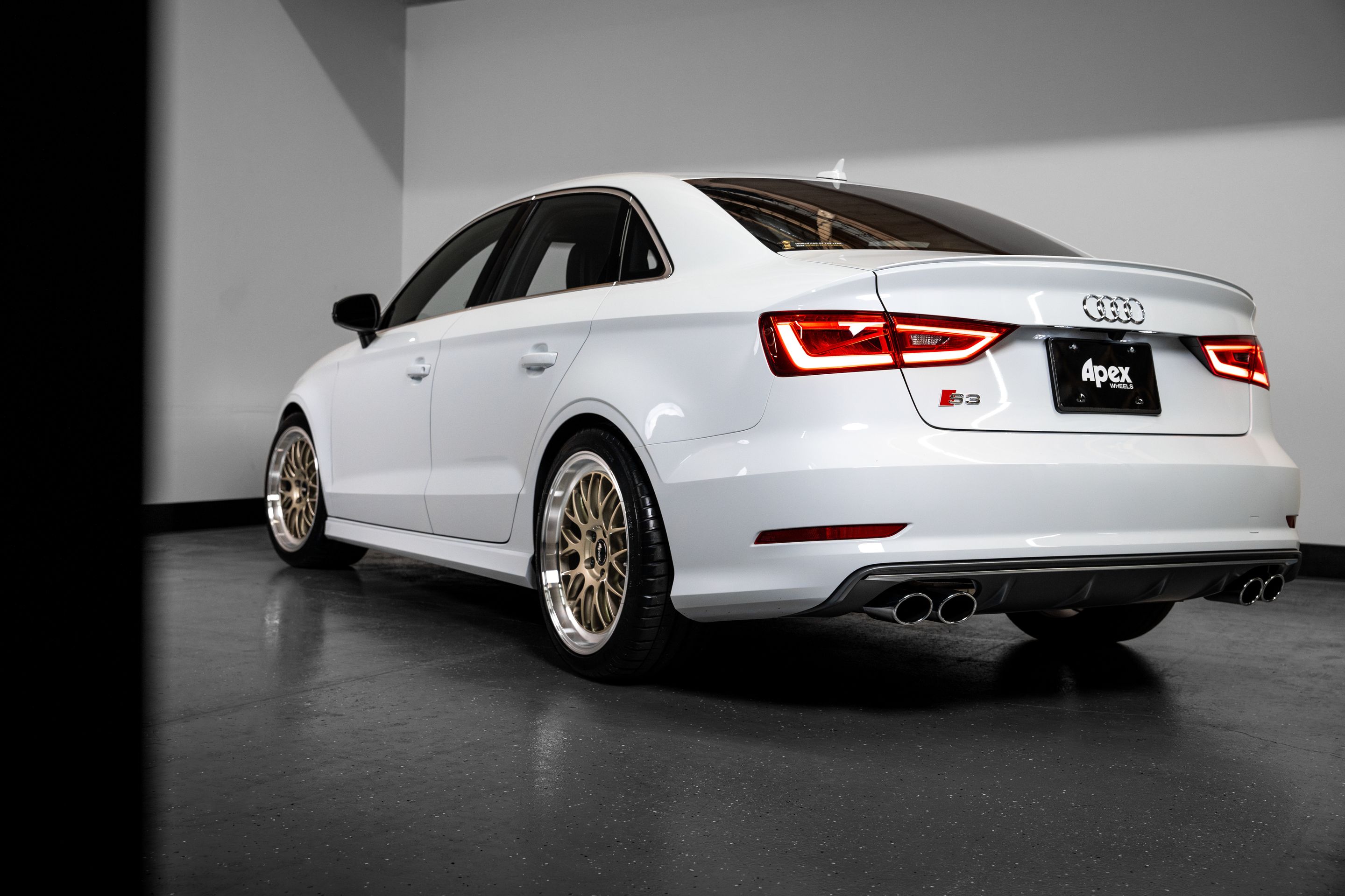White Audi 8V S3 with 18" ML-10RT Apex wheels in Machined Lip Gloss Motorsport Gold