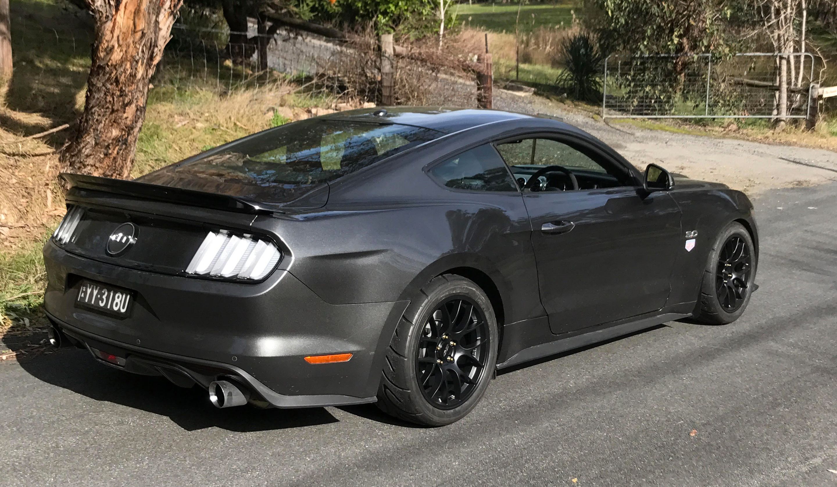 Grey Ford S550 Mustang GT with 18" EC-7 Apex wheels in Satin Black
