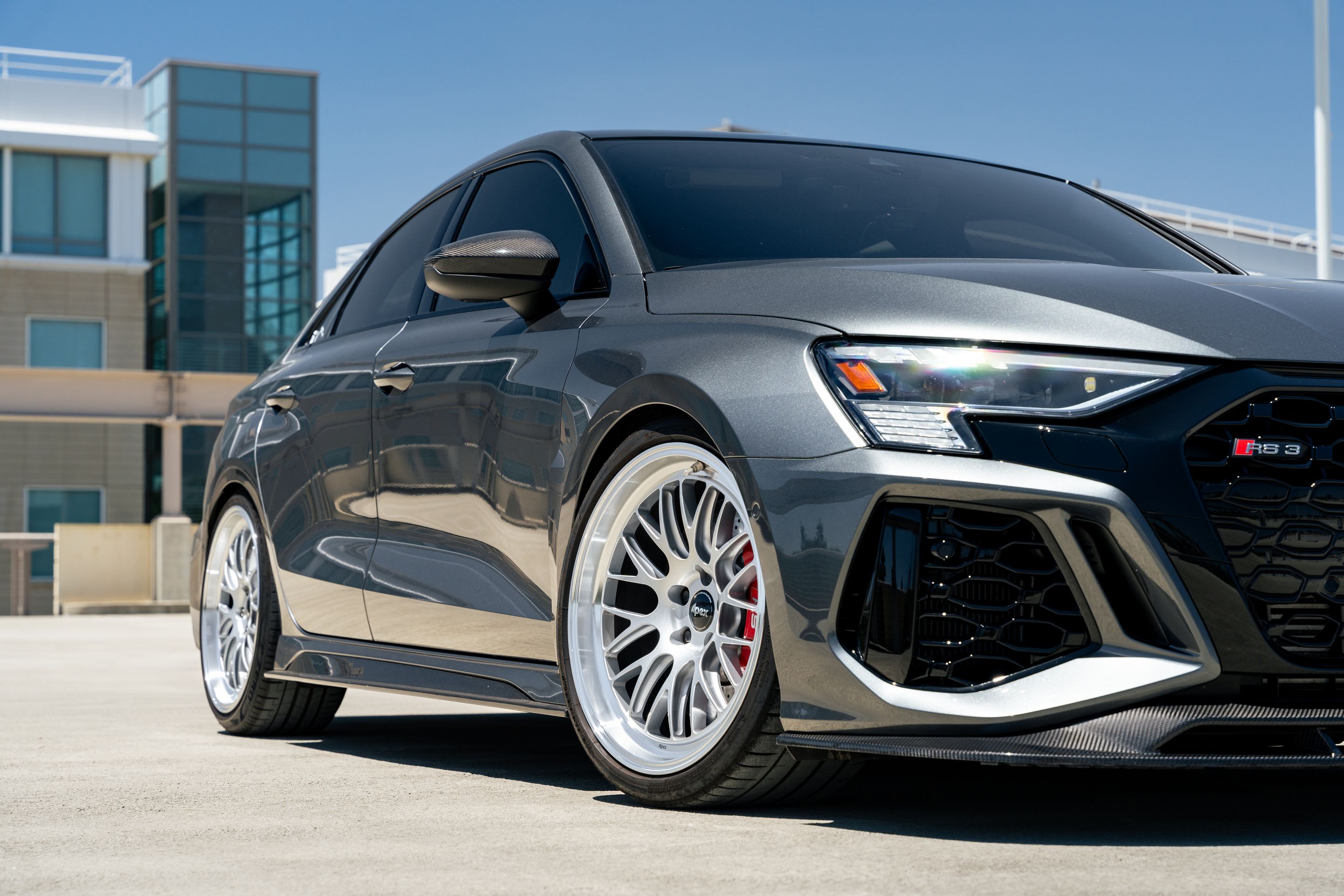Grey Audi 8Y RS 3 with 19" ML-10RT Apex wheels in Machined Lip Race Silver