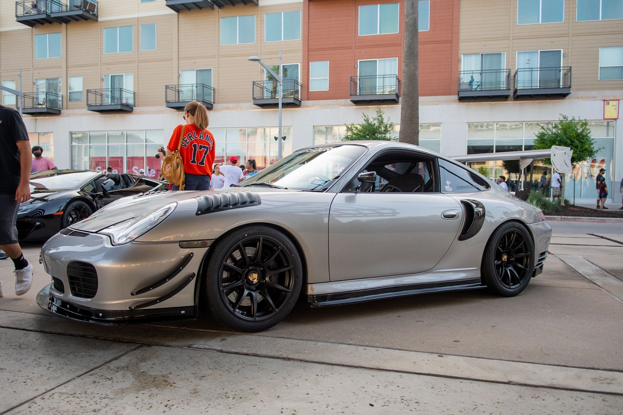Silver Porsche 911 996 Turbo with 18" SM-10 Apex wheels in Satin Black