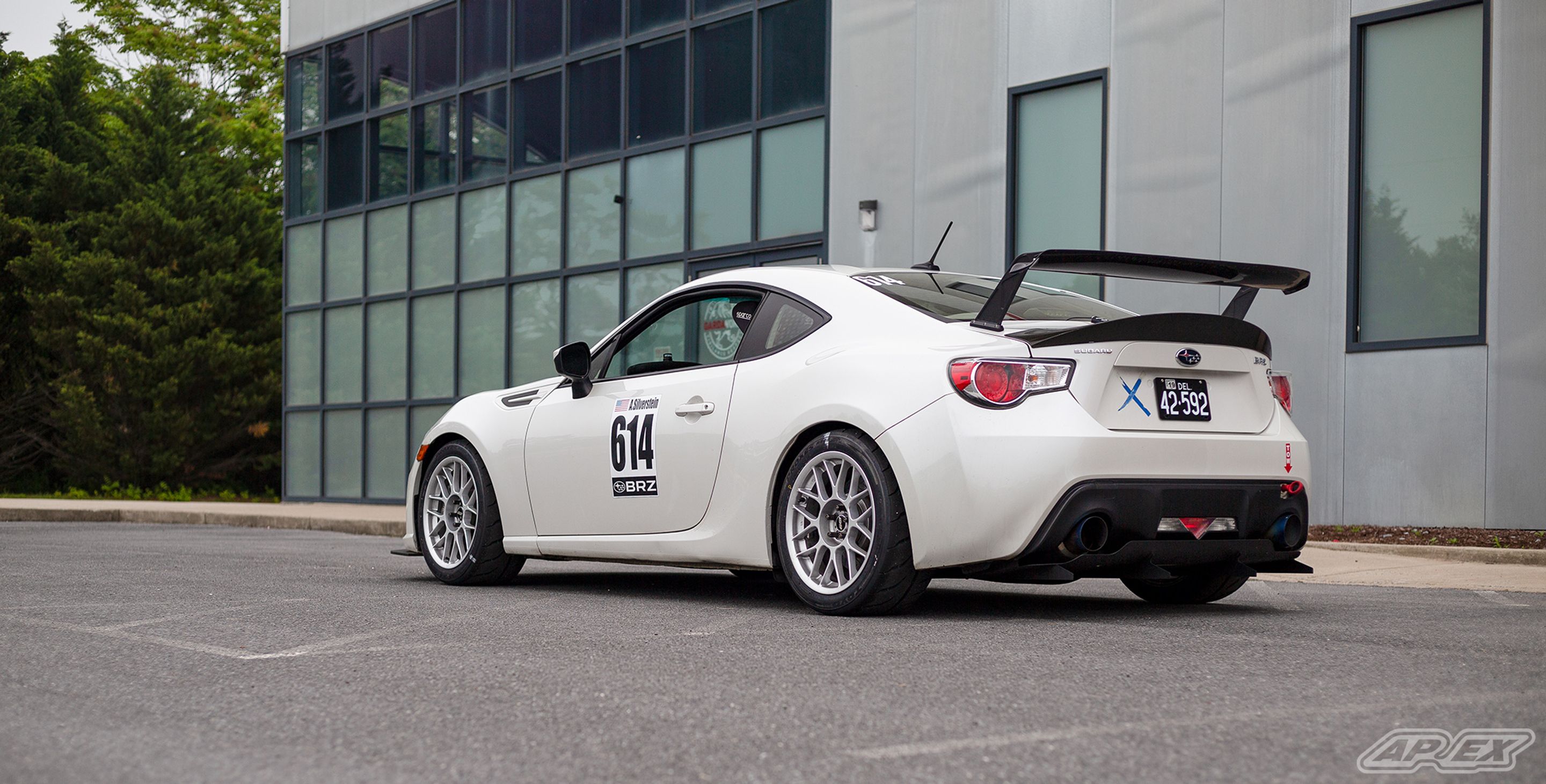 White Subaru ZC6 / Gen 1 BRZ with 17" ARC-8 Apex wheels in Race Silver