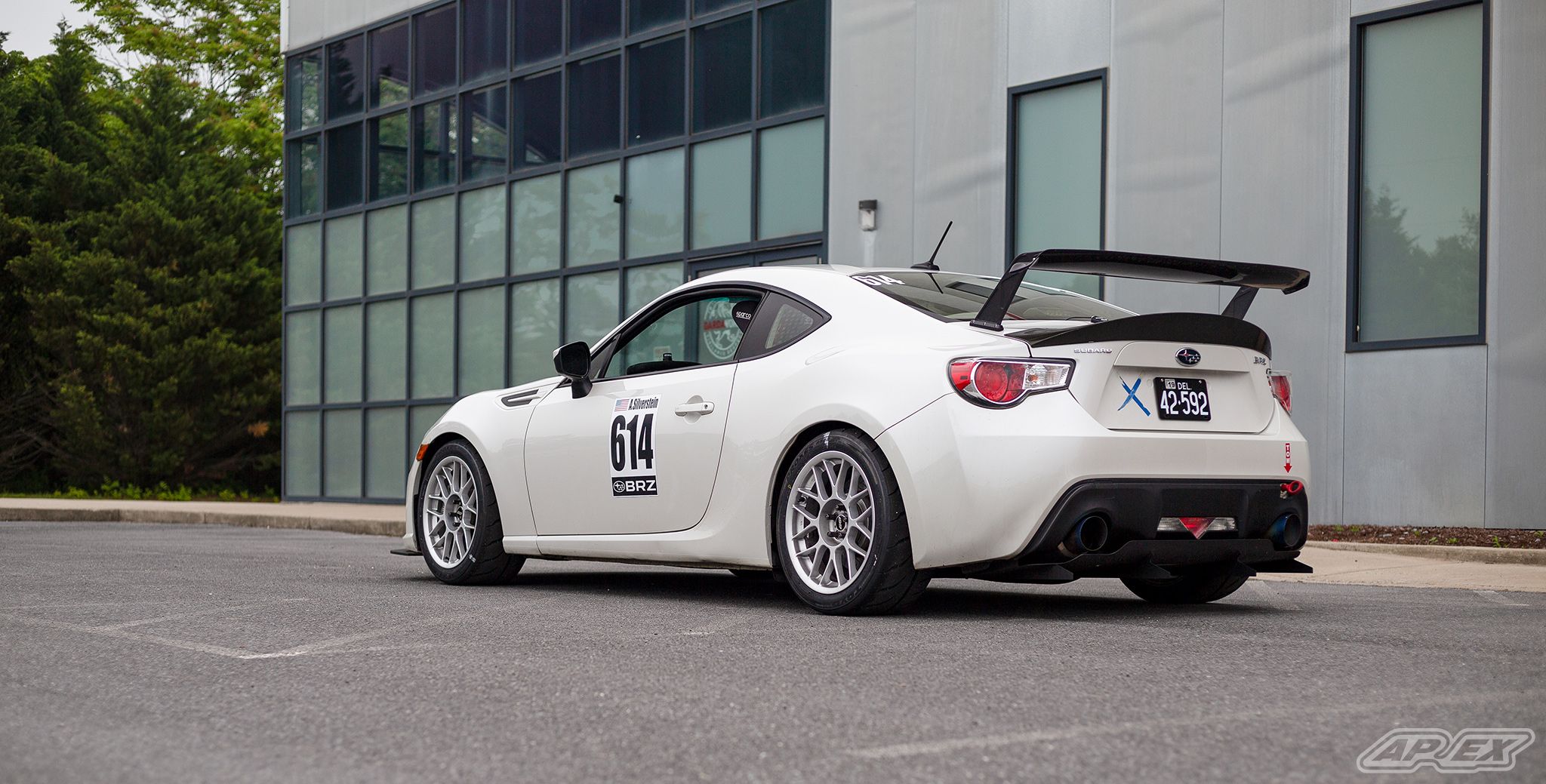 White Subaru ZC6 / Gen 1 BRZ with 17" ARC-8 Apex wheels in Race Silver