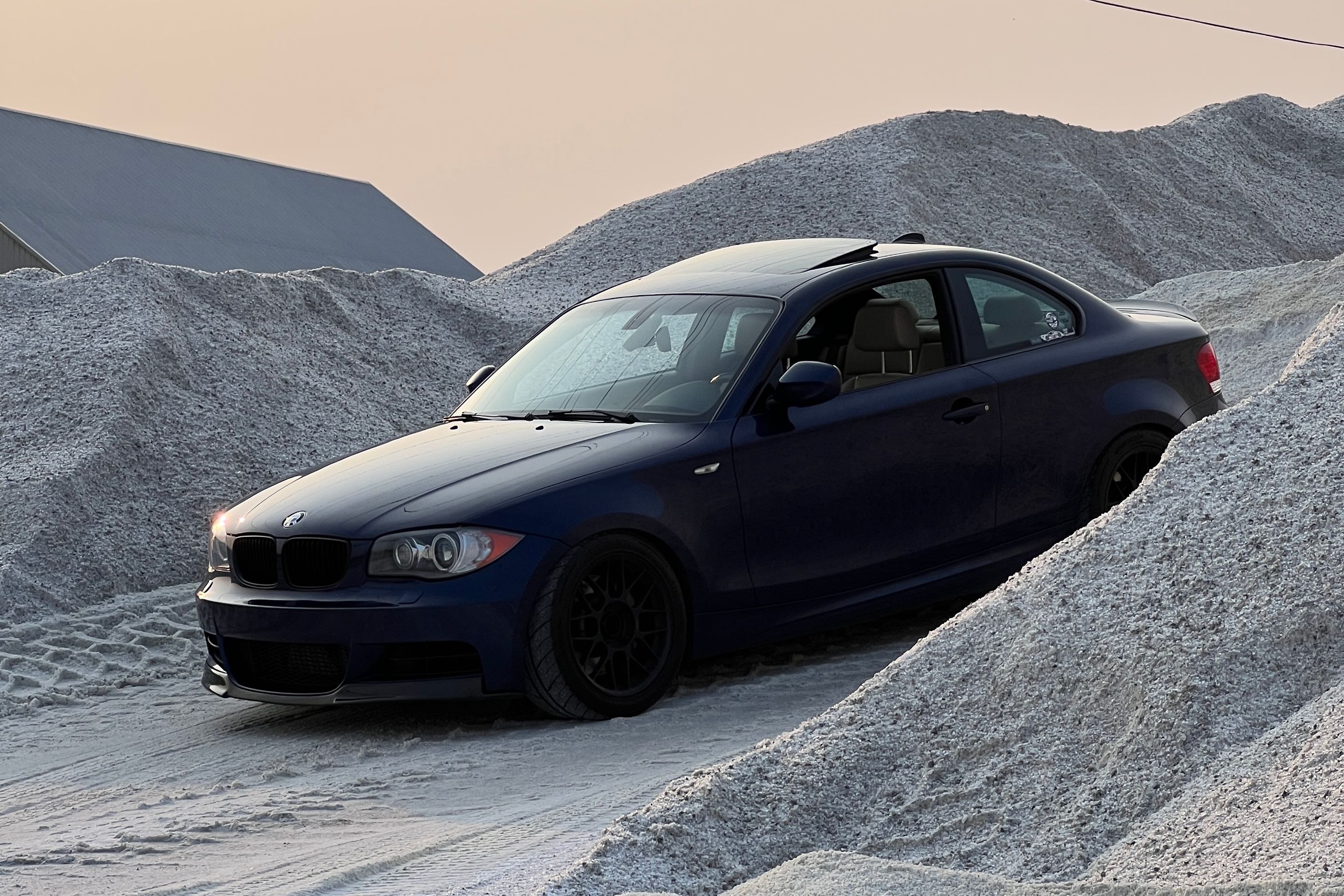 Blue BMW E82 Coupe 1 Series with 17" ARC-8 Apex wheels in Satin Black