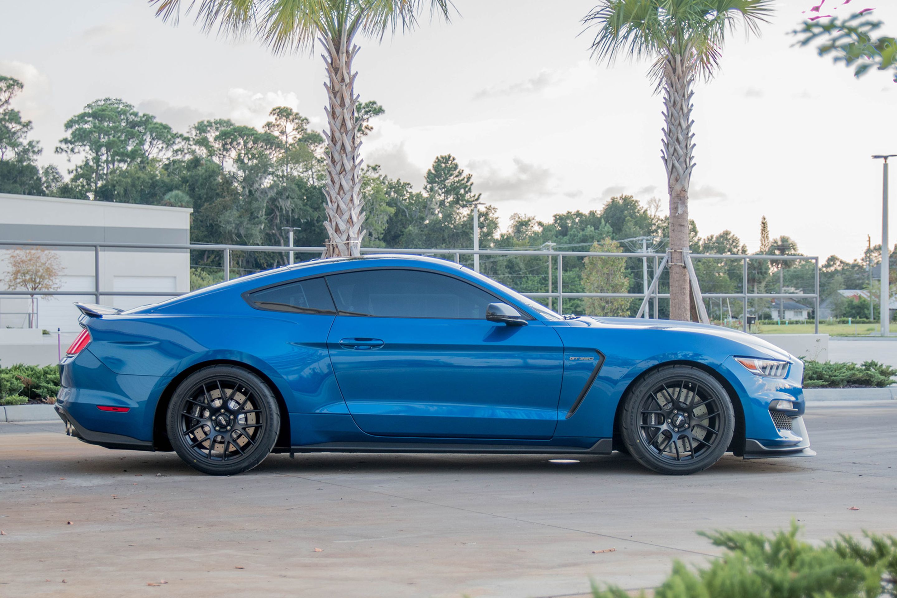Blue Ford S550 Mustang GT350 with 19" EC-7 Apex wheels in Satin Black