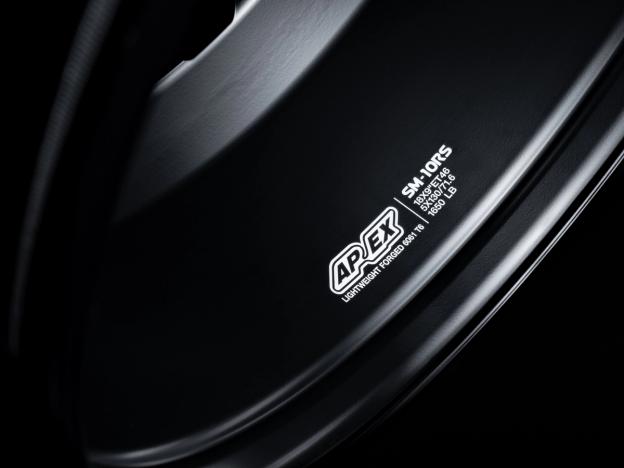 Macro shot of laser-etched APEX Wheels logo on inner barrel of SM-10RS wheel