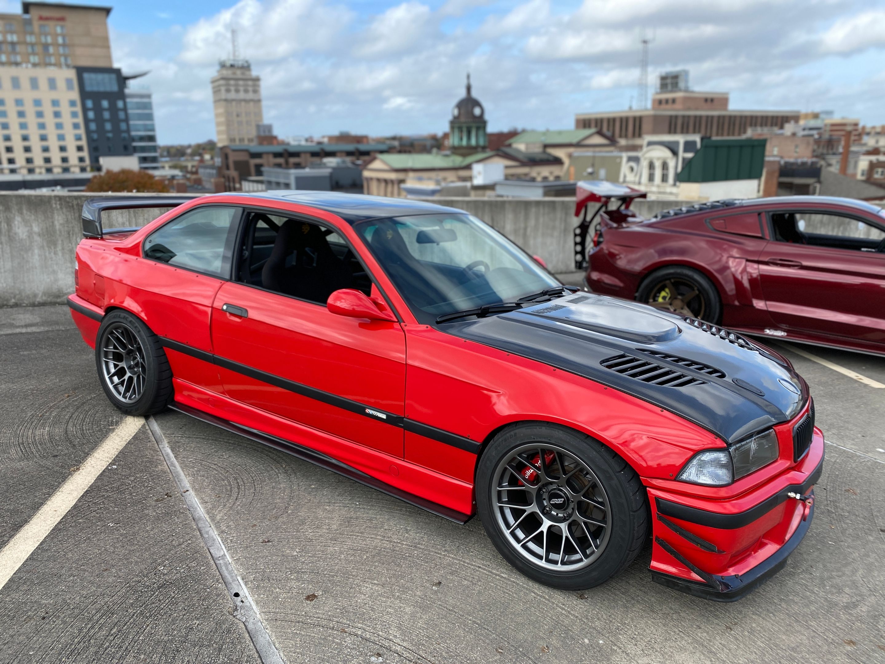 Red BMW E36 M3 with 17" ARC-8 Apex wheels in Anthracite