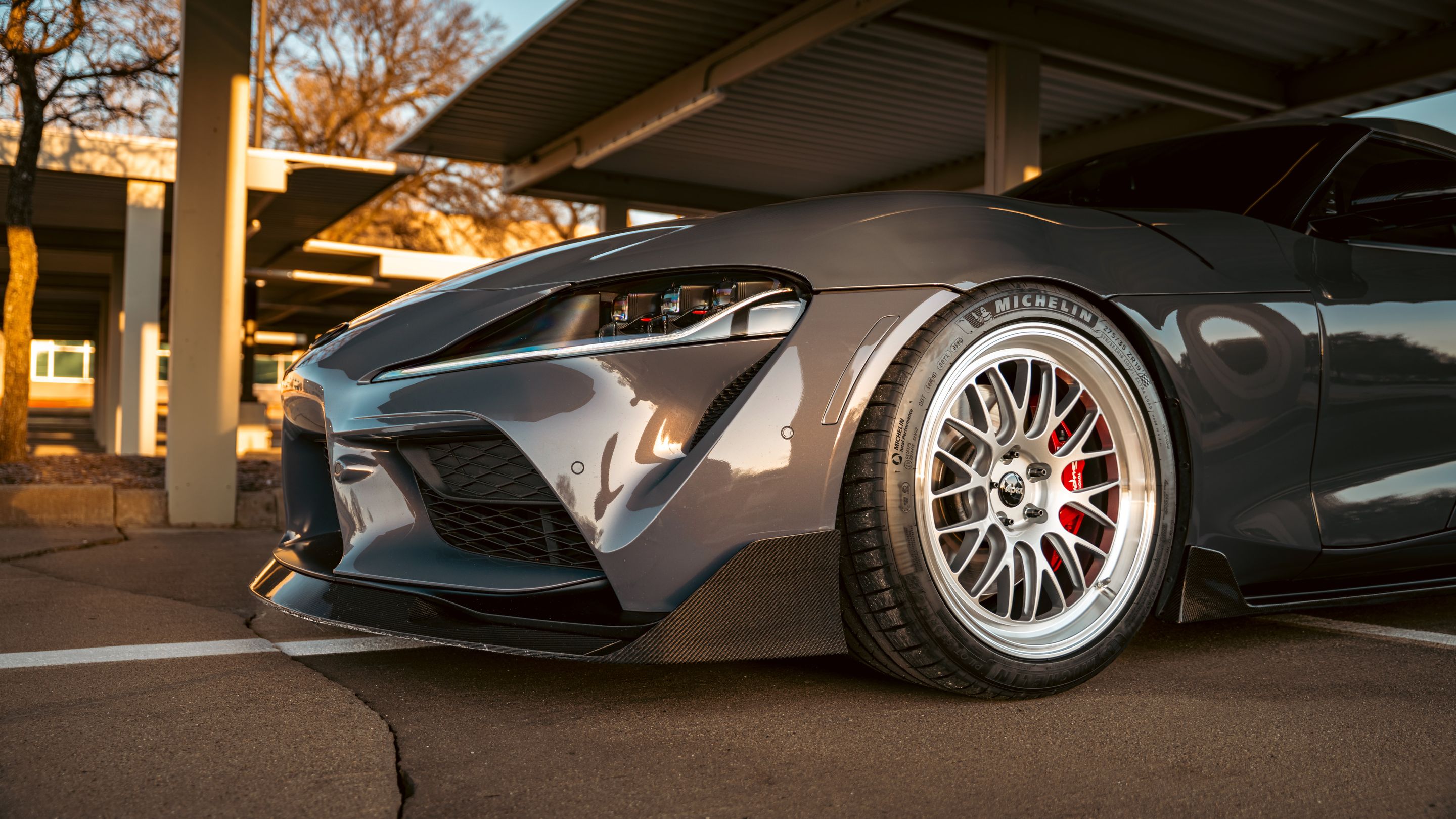Grey Toyota GR Supra with 19" ML-10RT Apex wheels in Machined Lip Race Silver