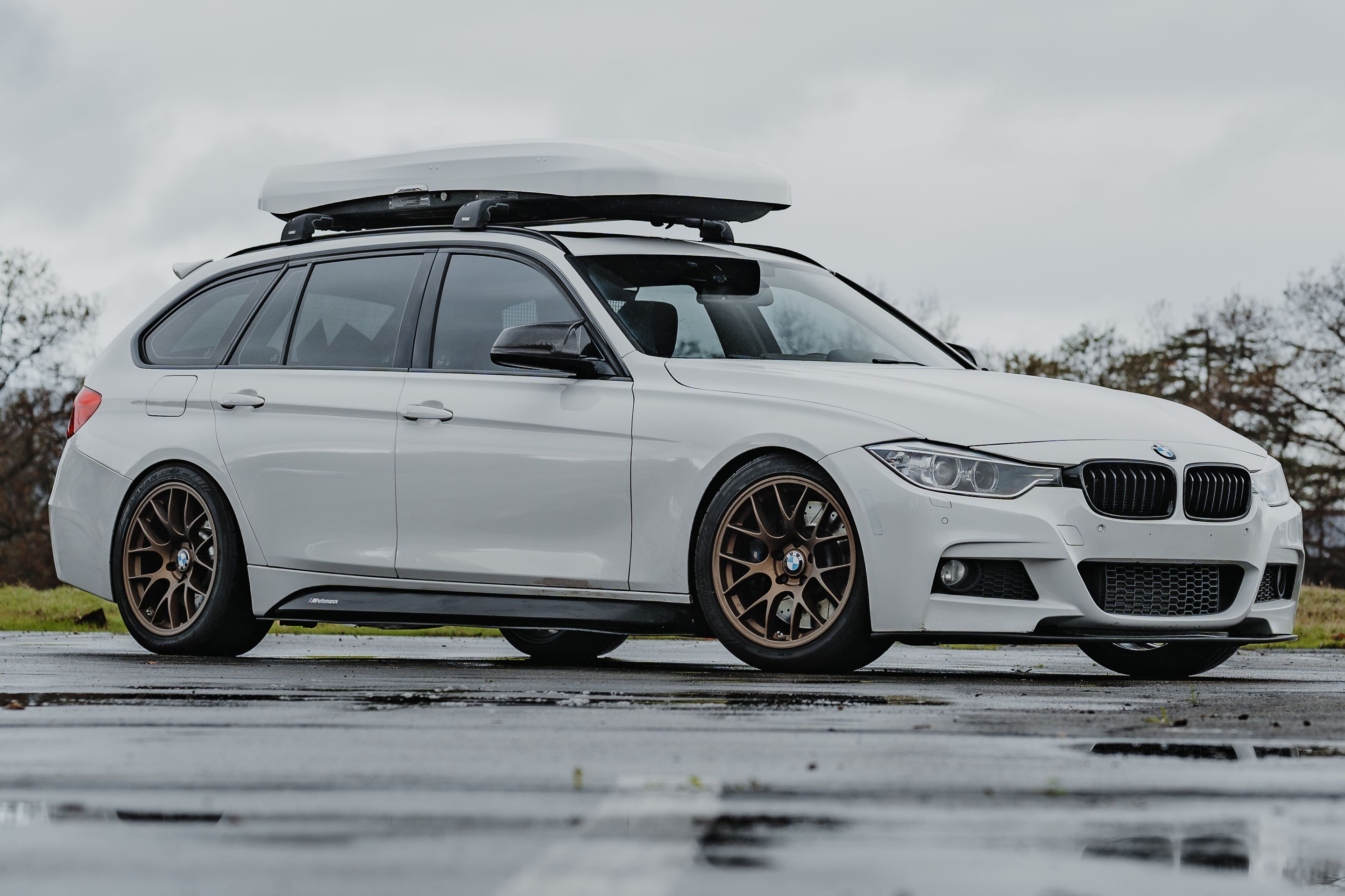 White BMW F31 Wagon 3 Series with 18" EC-7 Apex wheels in Satin Bronze