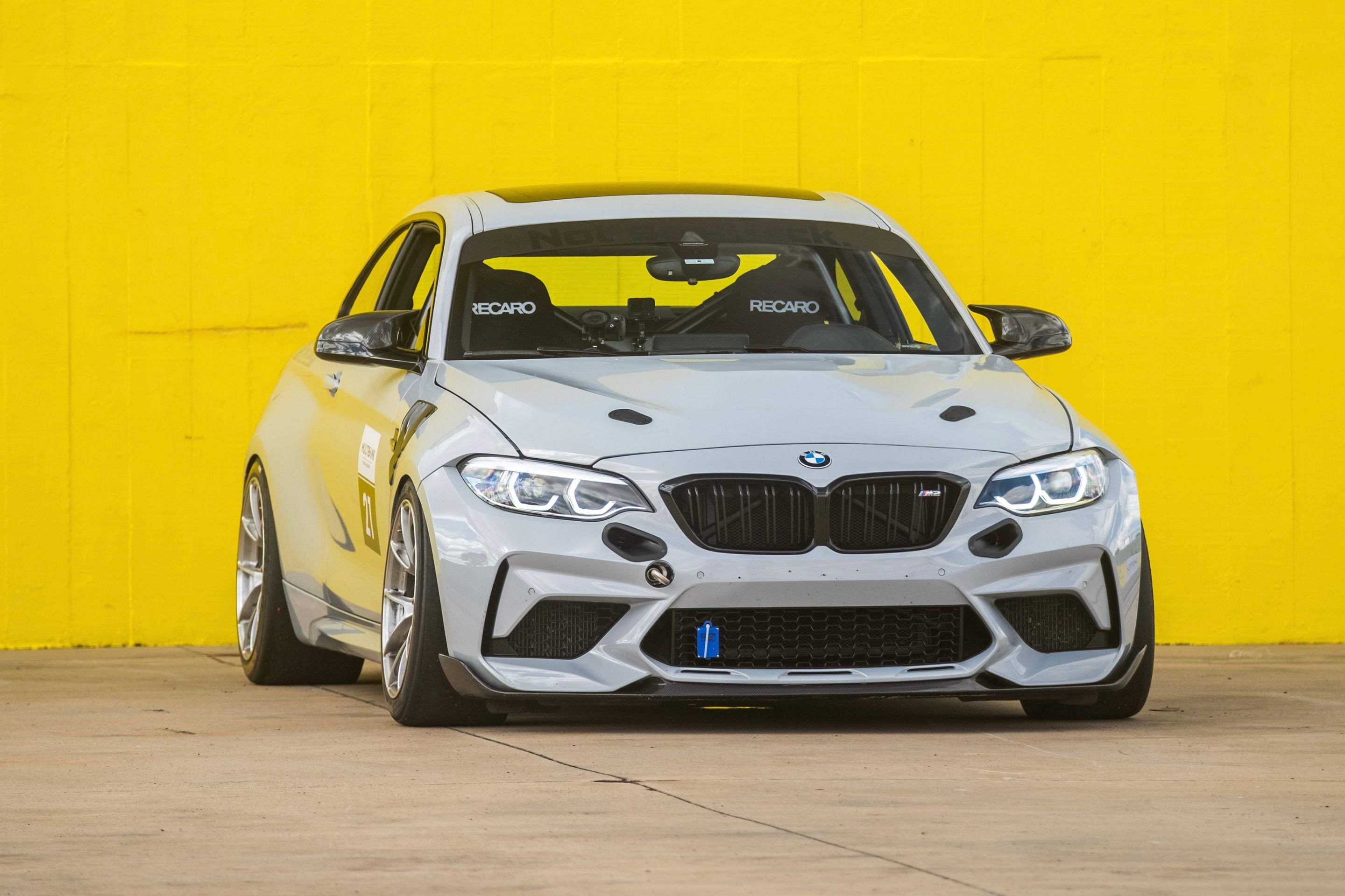 Silver BMW F87 M2 with 18" VS-5RS Apex wheels in Brushed Clear