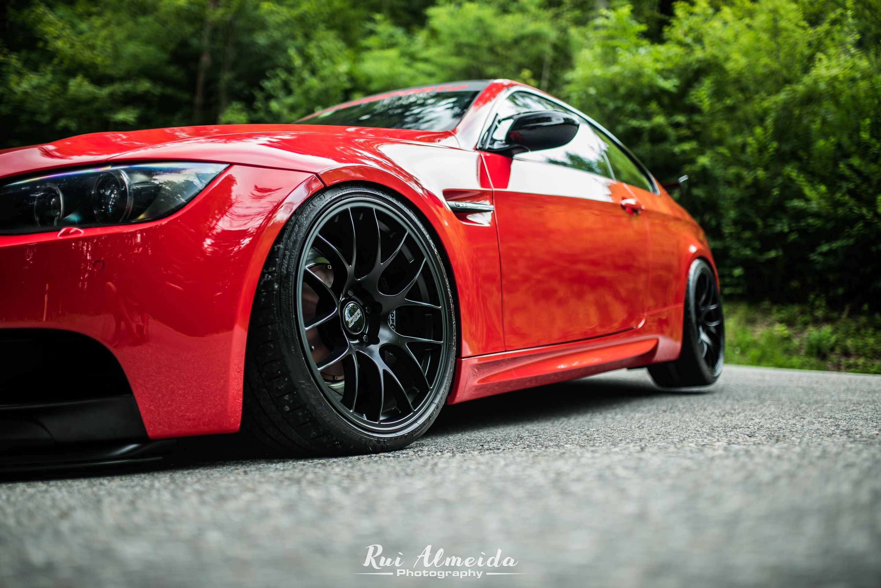 Red BMW E92 Coupe M3 with 19" EC-7 Apex wheels in Satin Black