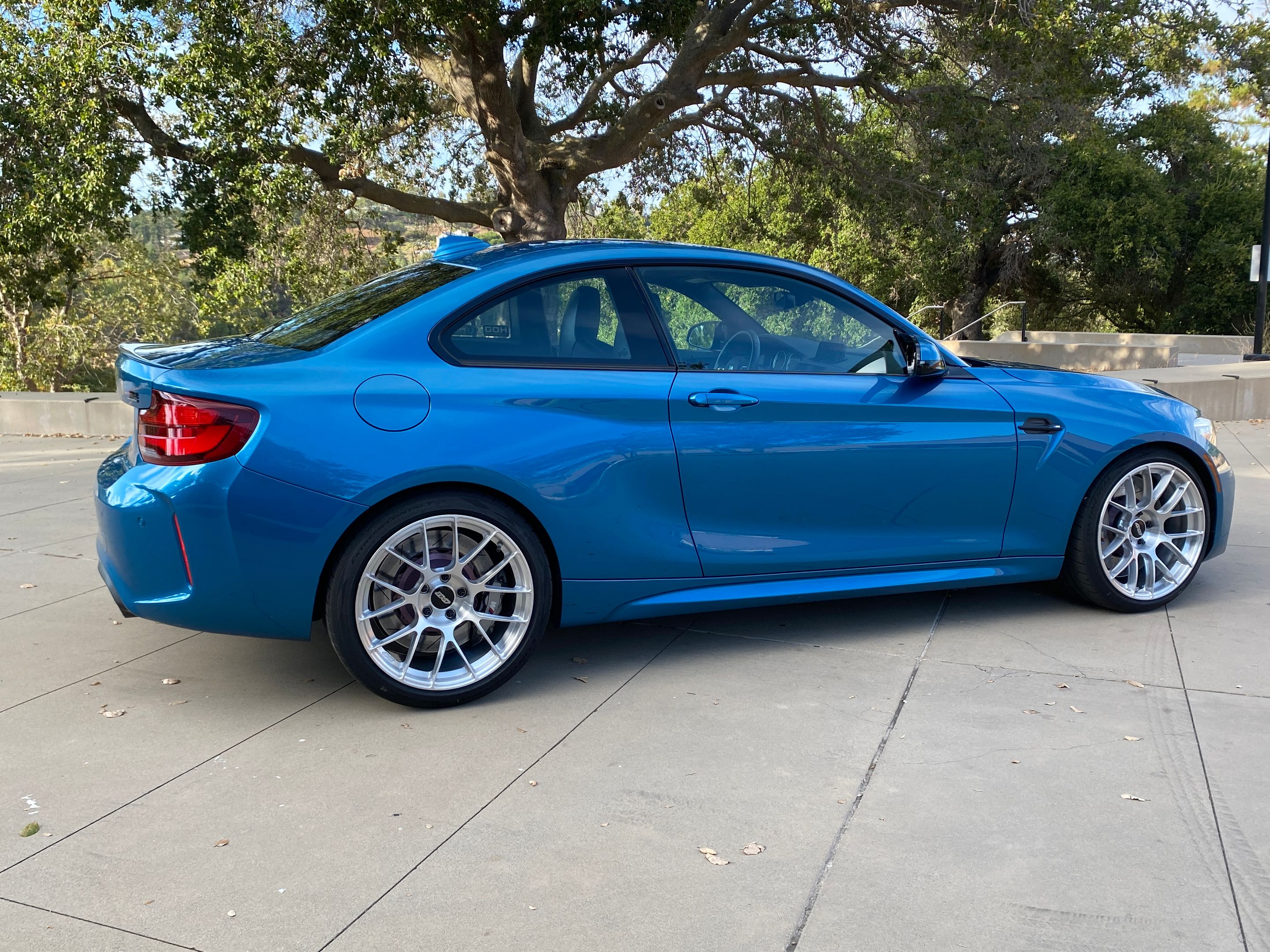 Blue BMW F87 M2 with 19" EC-7RS Apex wheels in Brushed Clear