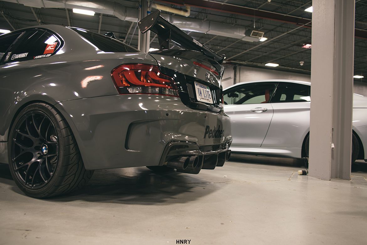 Grey BMW E82 Coupe 1 Series with 19" EC-7 Apex wheels in Satin Black