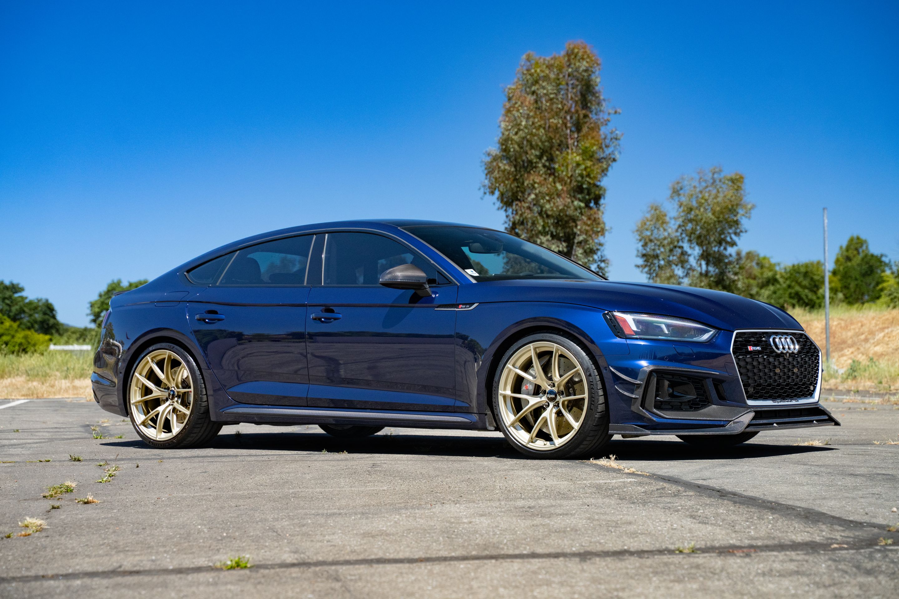 Blue Audi B9 RS 5 Sportback with 20" VS-5RS Apex wheels in Motorsport Gold