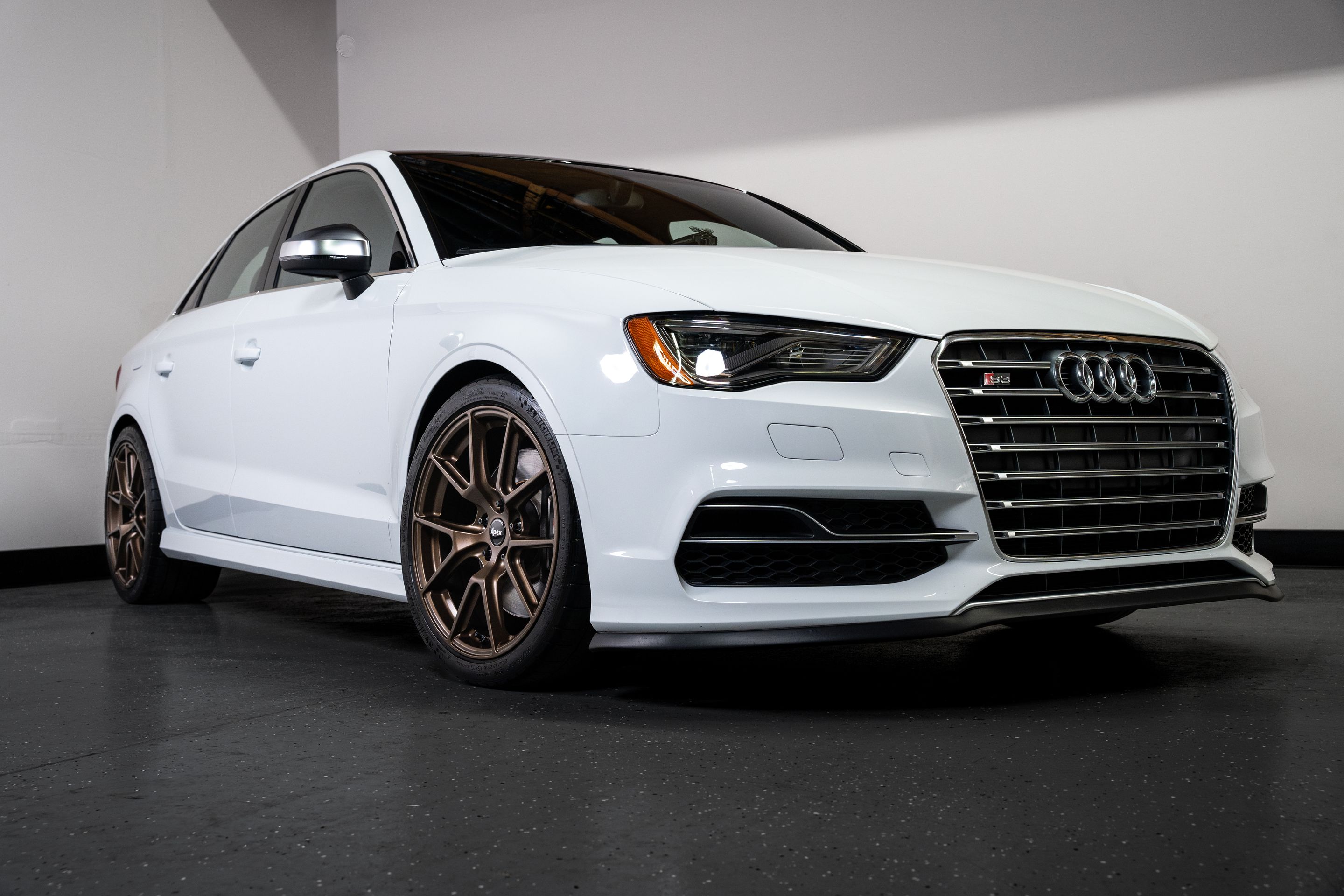 White Audi 8V S3 with 18" VS-5 Apex wheels in Satin Bronze